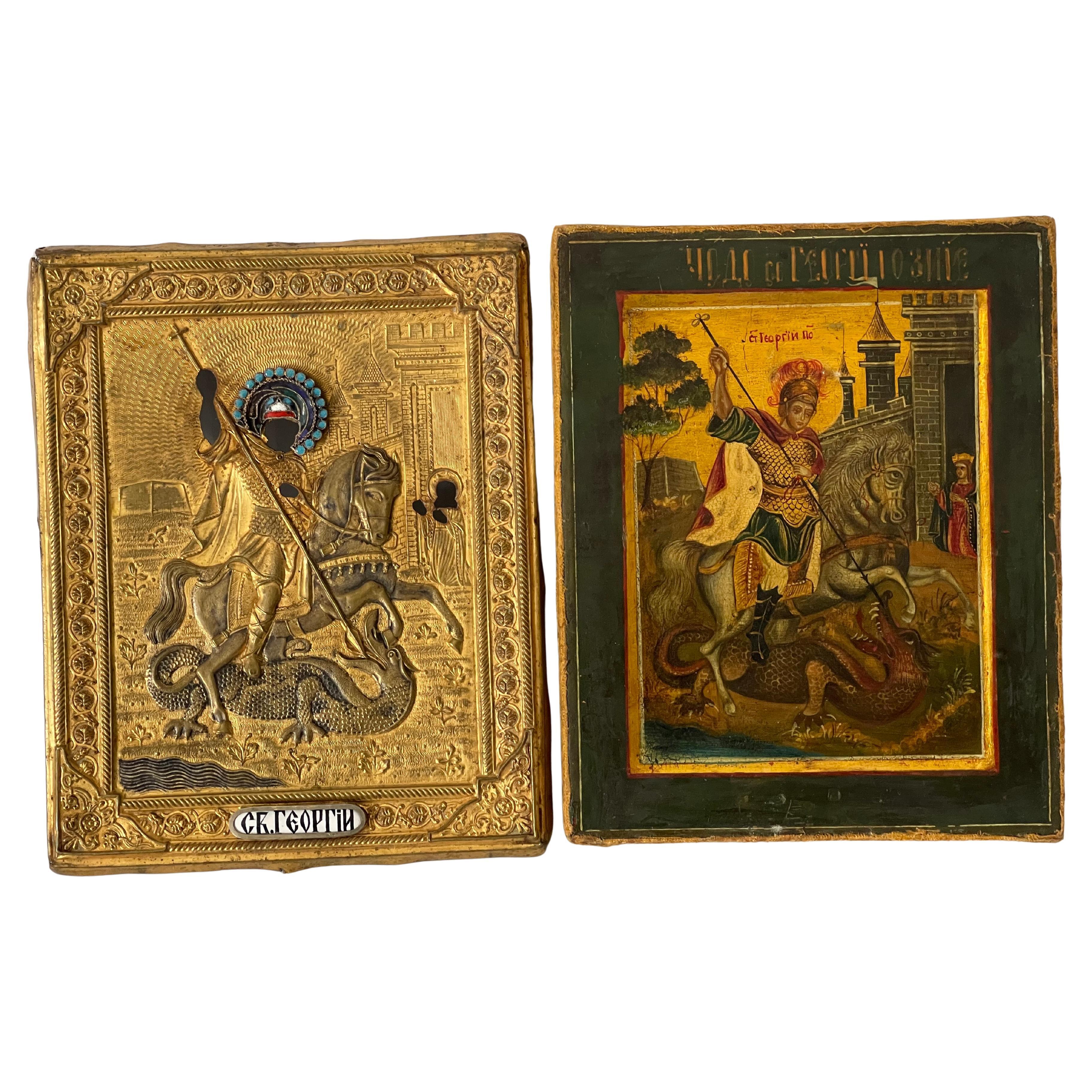 Antique Icon St George Miracle Worker with Oklad For Sale