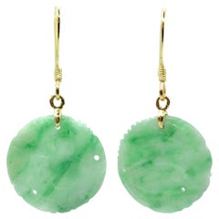 Antique Icy Apple Green Jadeite Disc Carved Ruyi Earrings in 18K Yellow Gold