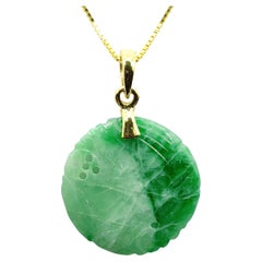 Antique Icy Jadeite Jade Disc Carved Ruyi Pendant c. 1900 in 18K Yellow Gold