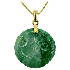 Antique Icy Jadeite Jade Disc Carved Ruyi Pendant c. 1900 in 18K Yellow Gold