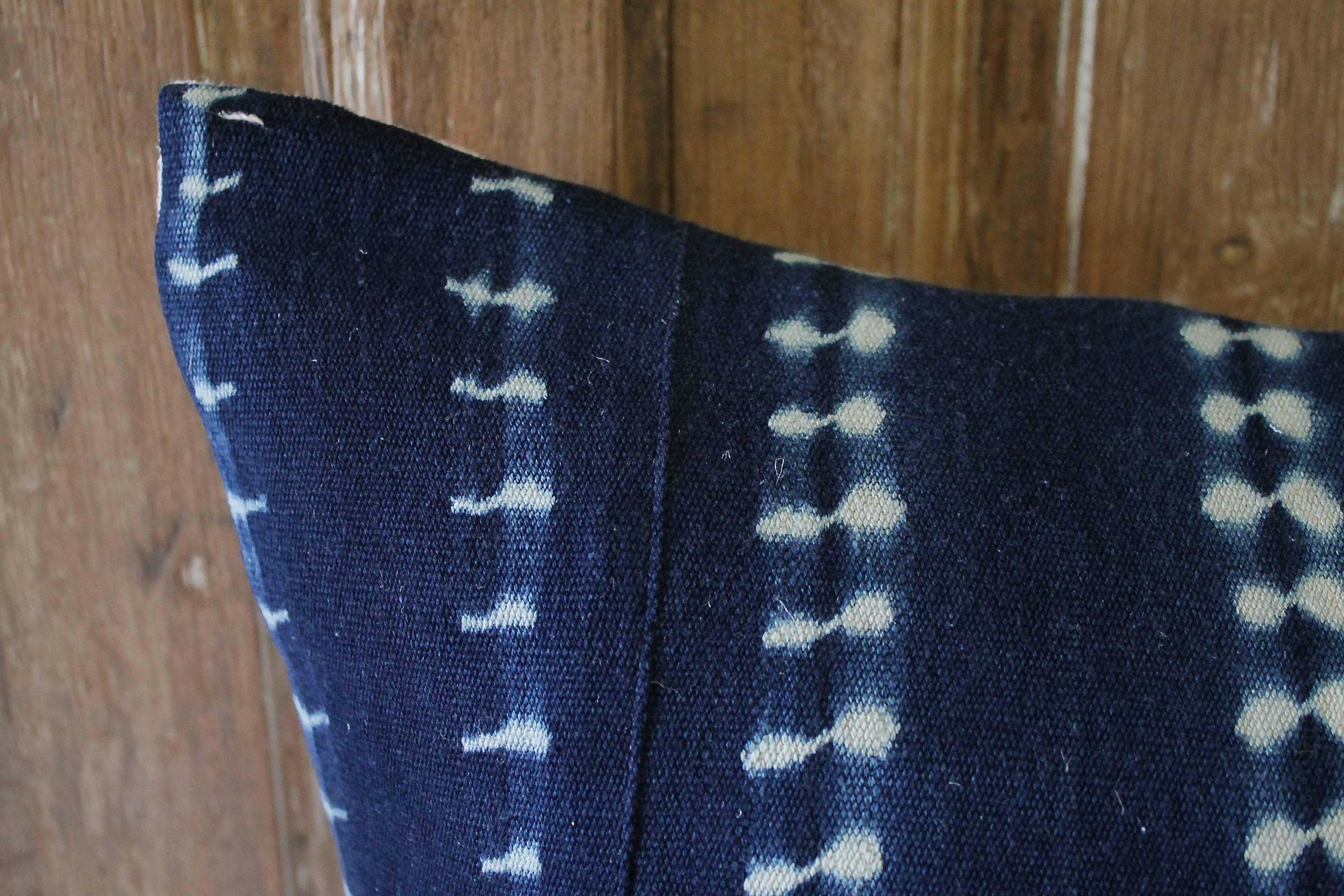 Antique Indigo Blue Batik Accent Pillow with Fringe In Good Condition For Sale In Brea, CA