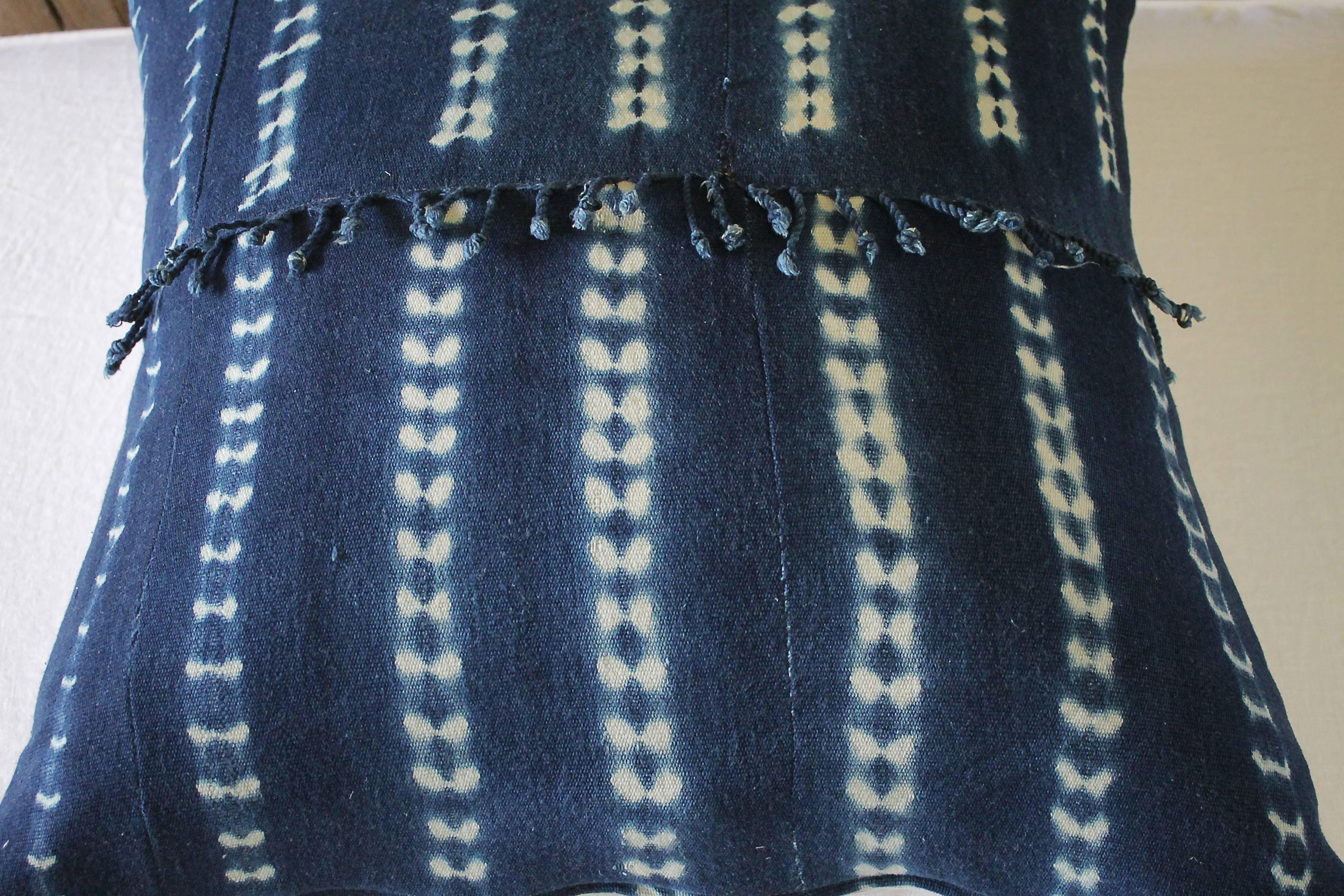 Contemporary Antique Indigo Blue Batik Accent Pillow with Fringe For Sale
