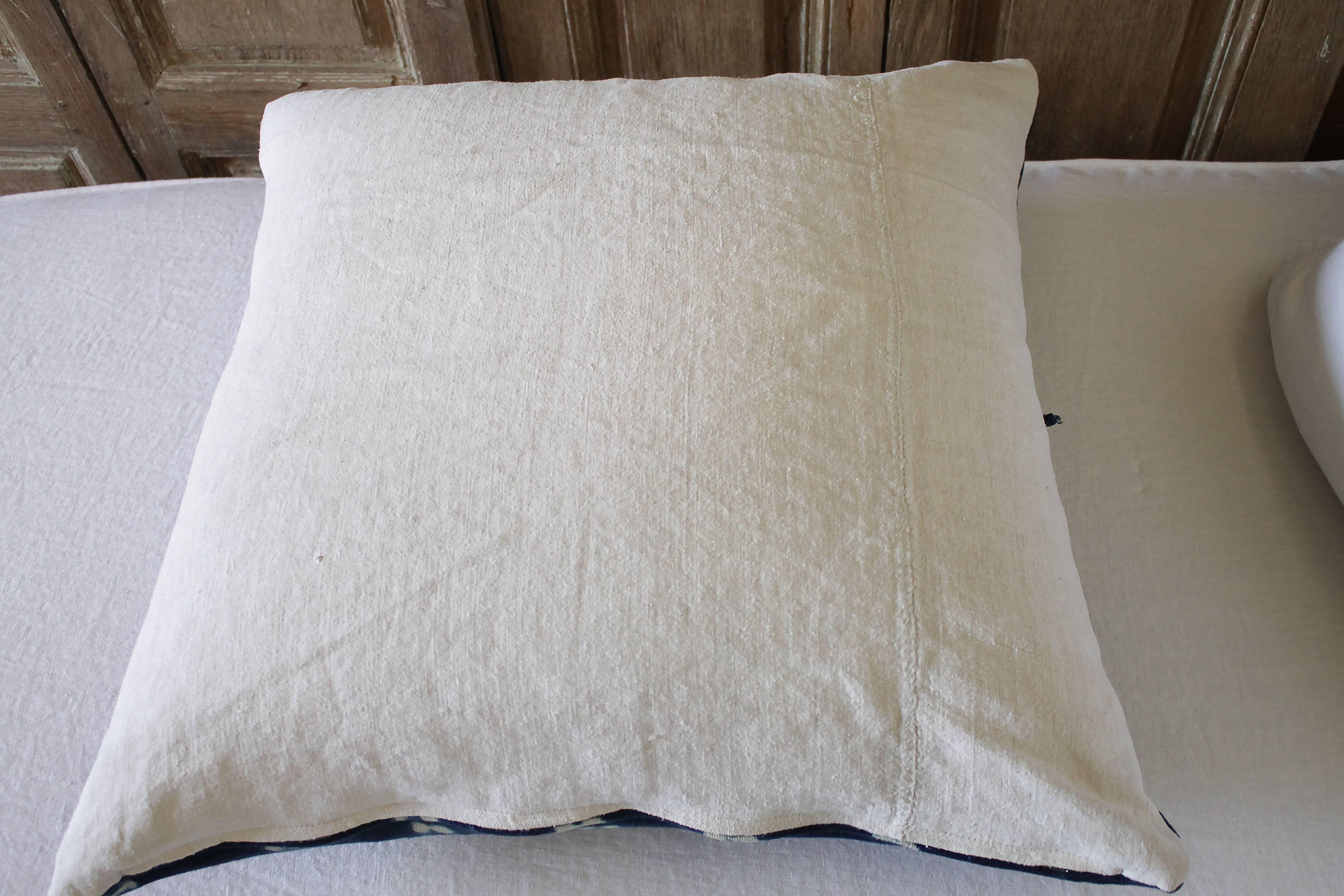 Linen Antique Indigo Blue Batik Accent Pillow with Fringe For Sale