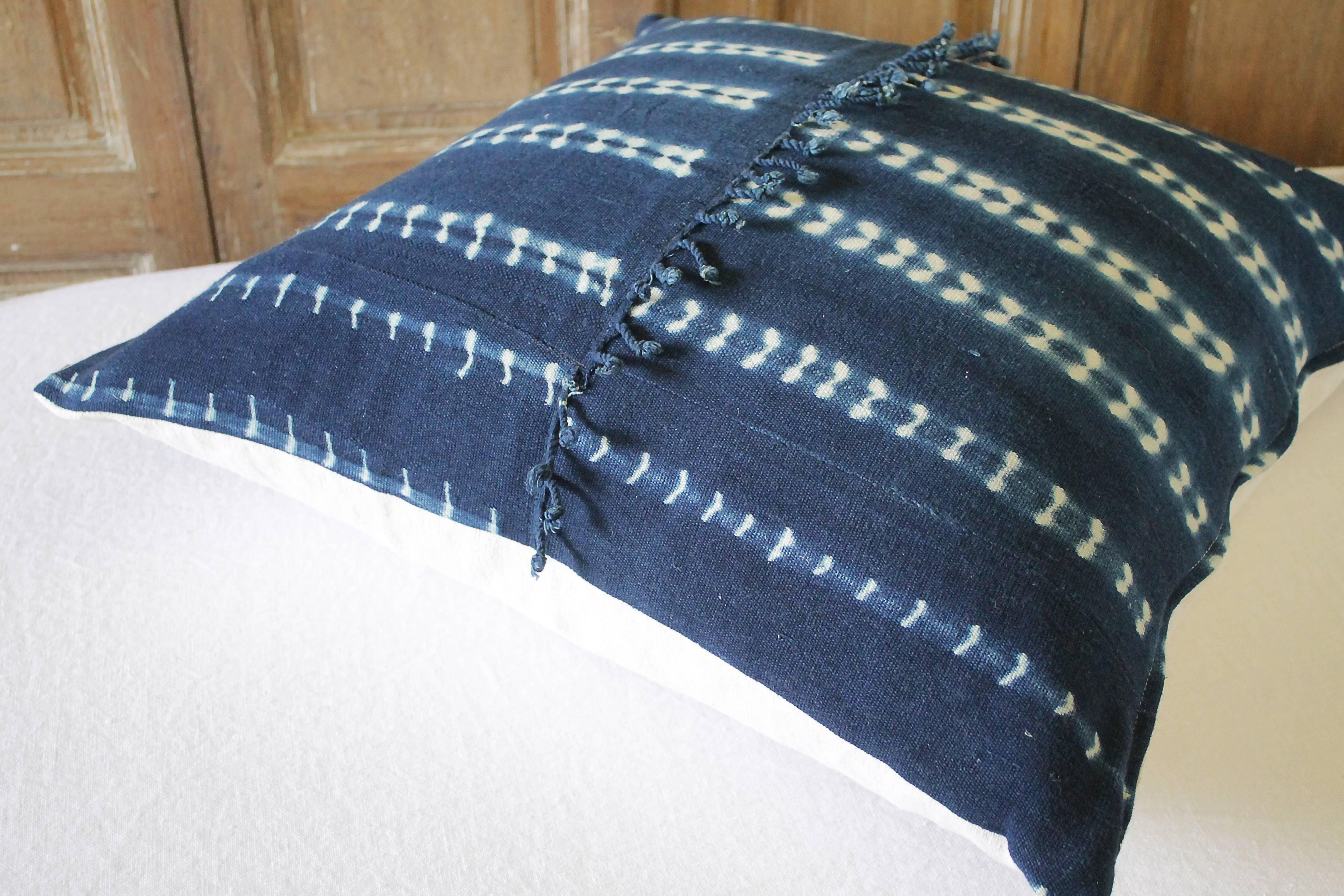 Antique Indigo Blue Batik Accent Pillow with Fringe For Sale 2
