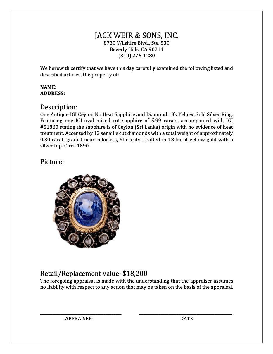 Antiker IGI Ceylon Ring aus 18 Karat Gelbgold und Silber mit unbehandeltem Saphir und Diamant im Angebot 1