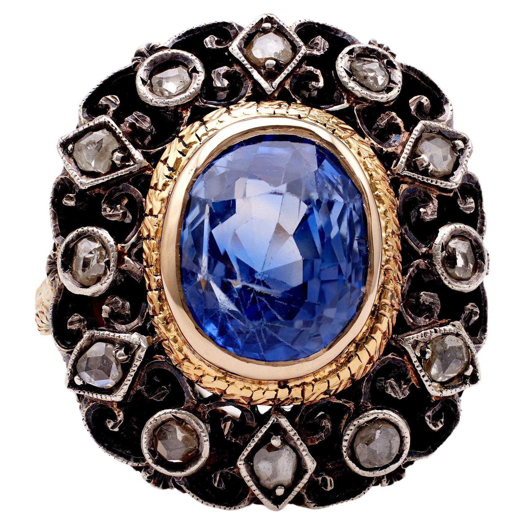 Antique IGI Ceylon No Heat Sapphire and Diamond 18k Yellow Gold Silver Ring For Sale
