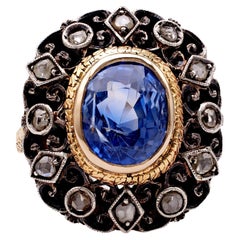 Anello antico IGI Ceylon No Heat con zaffiro e diamante in oro giallo 18k e argento