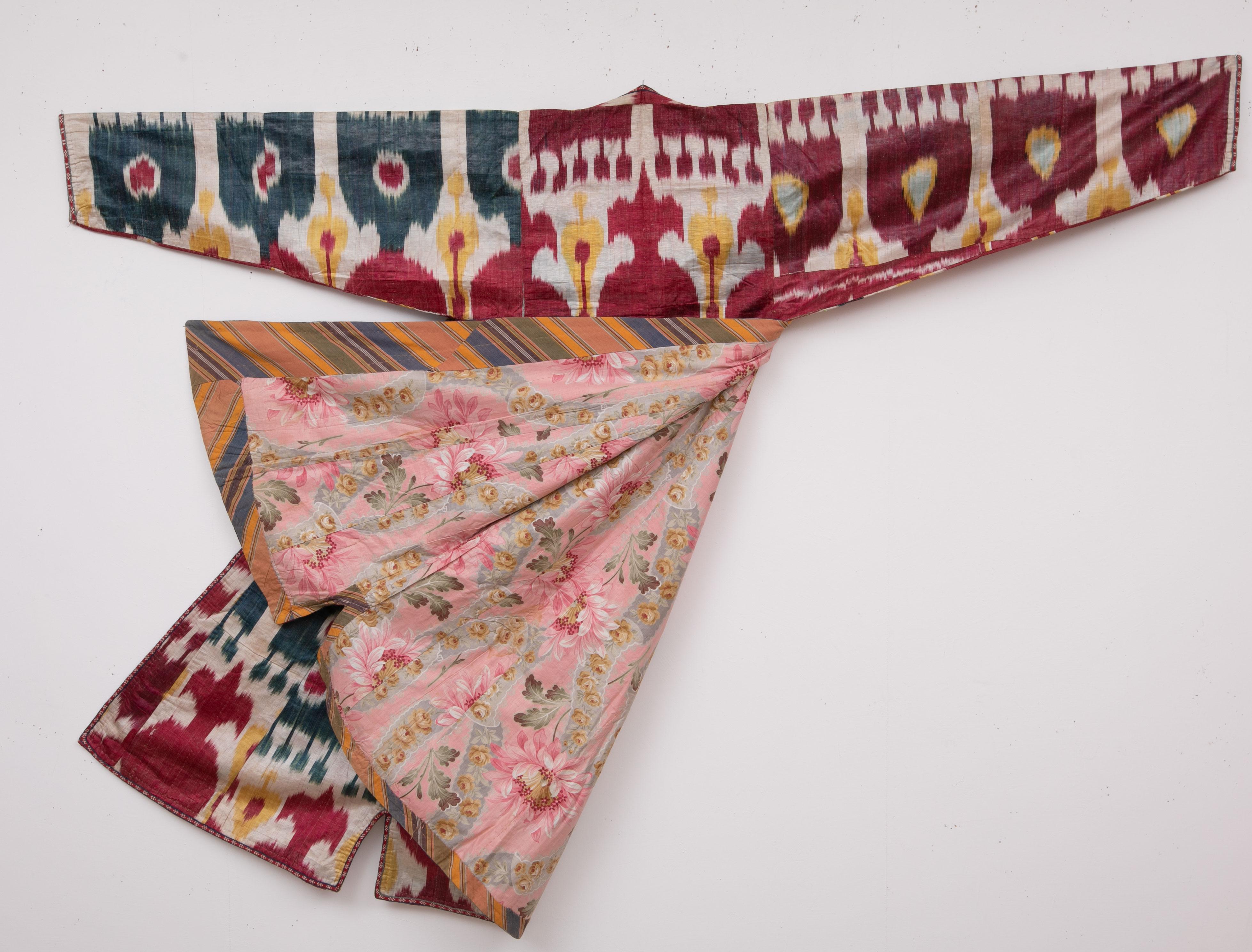 Silk Antique Ikat Chapan from Uzbekistan, Central Asia, Late 19th C.