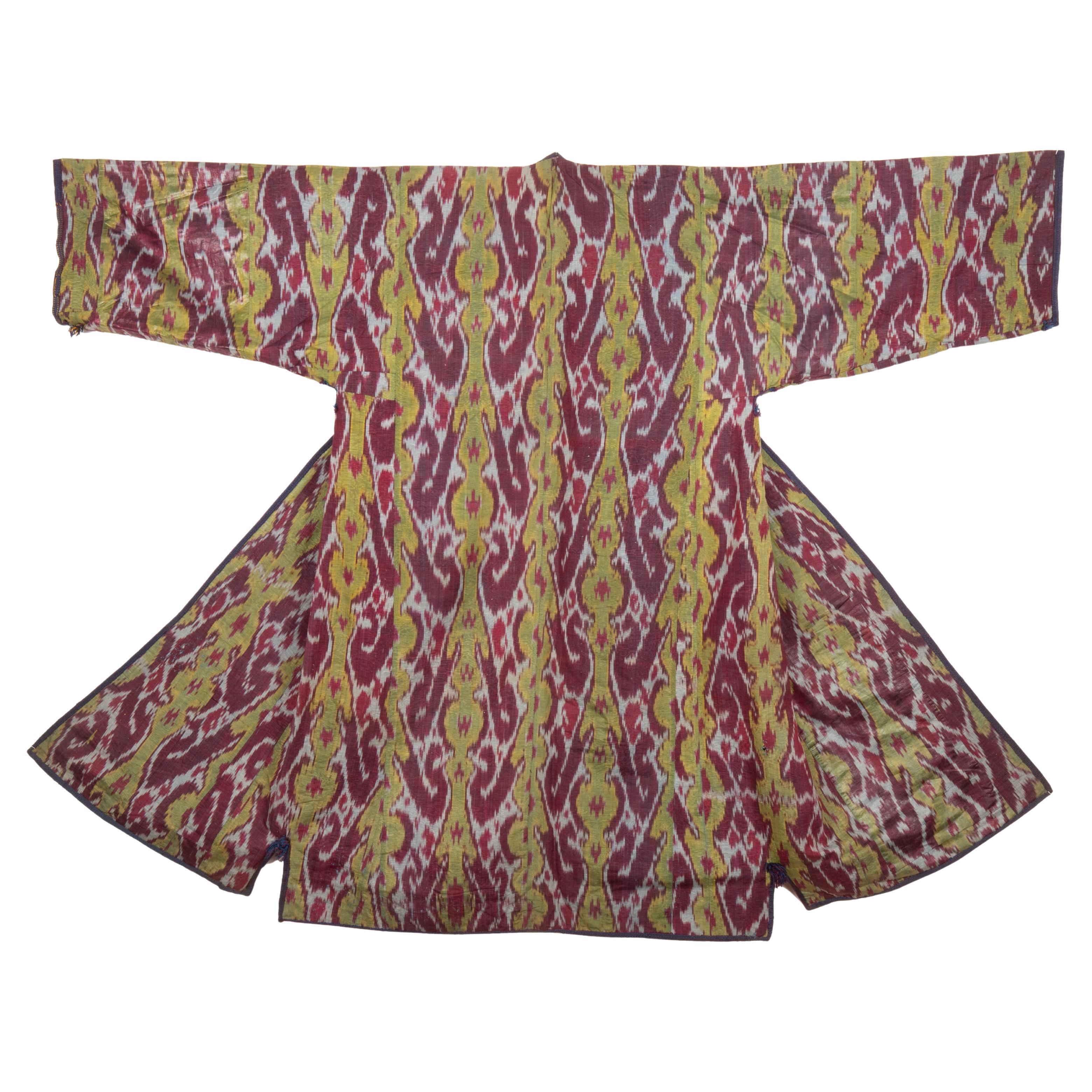 Antique Ikat Chapan with a Good Mix of Roller Printed Lining, 19th Century For Sale