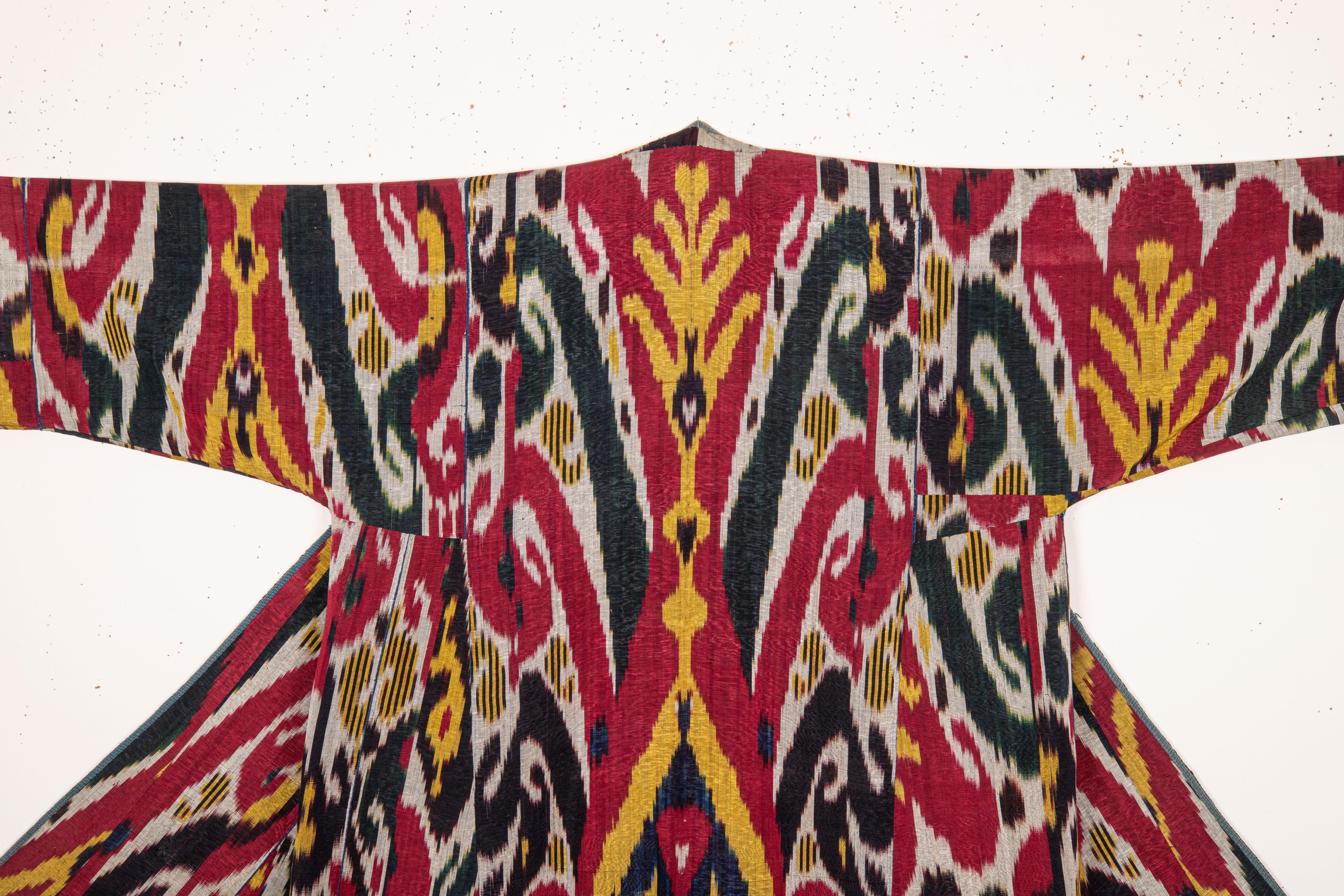 Tajikistani Antique Ikat Chapan with a Rare Roller Printed Lining, Late 19th C For Sale
