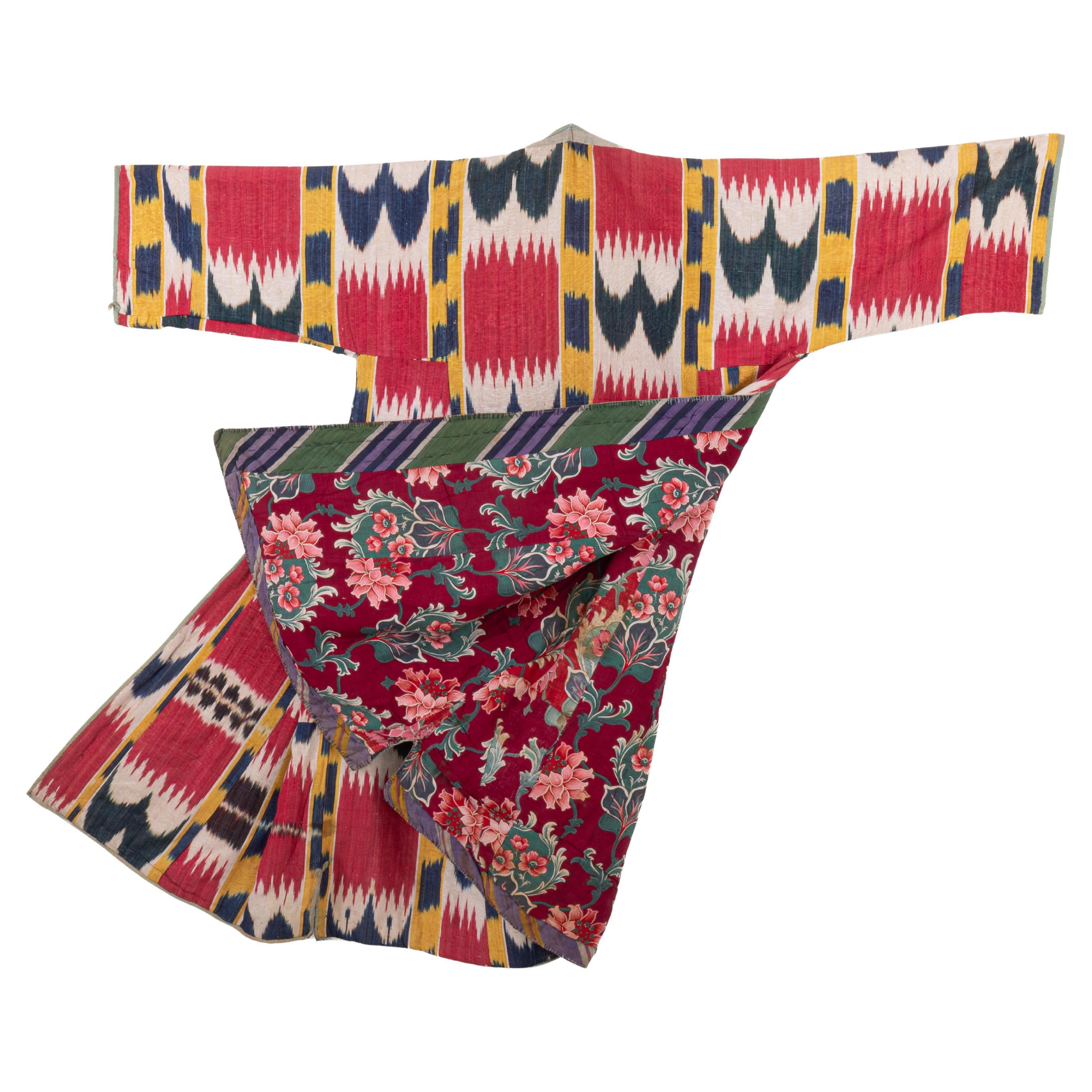 Antique Ikat Chapan with a Rare Roller Printed Lining, Late 19th C