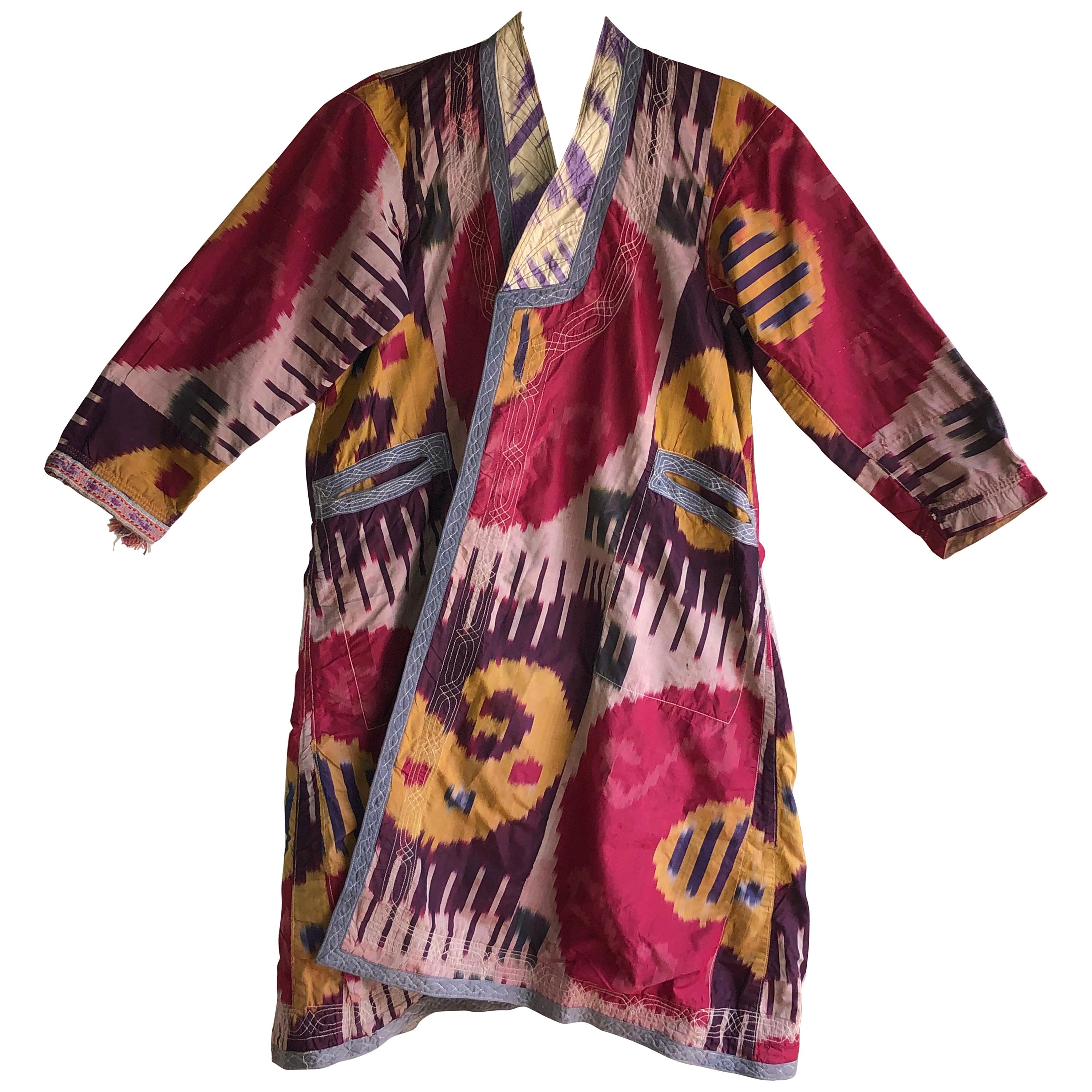 Antique Ikat Dyed Uzbek Silk Robe For Sale