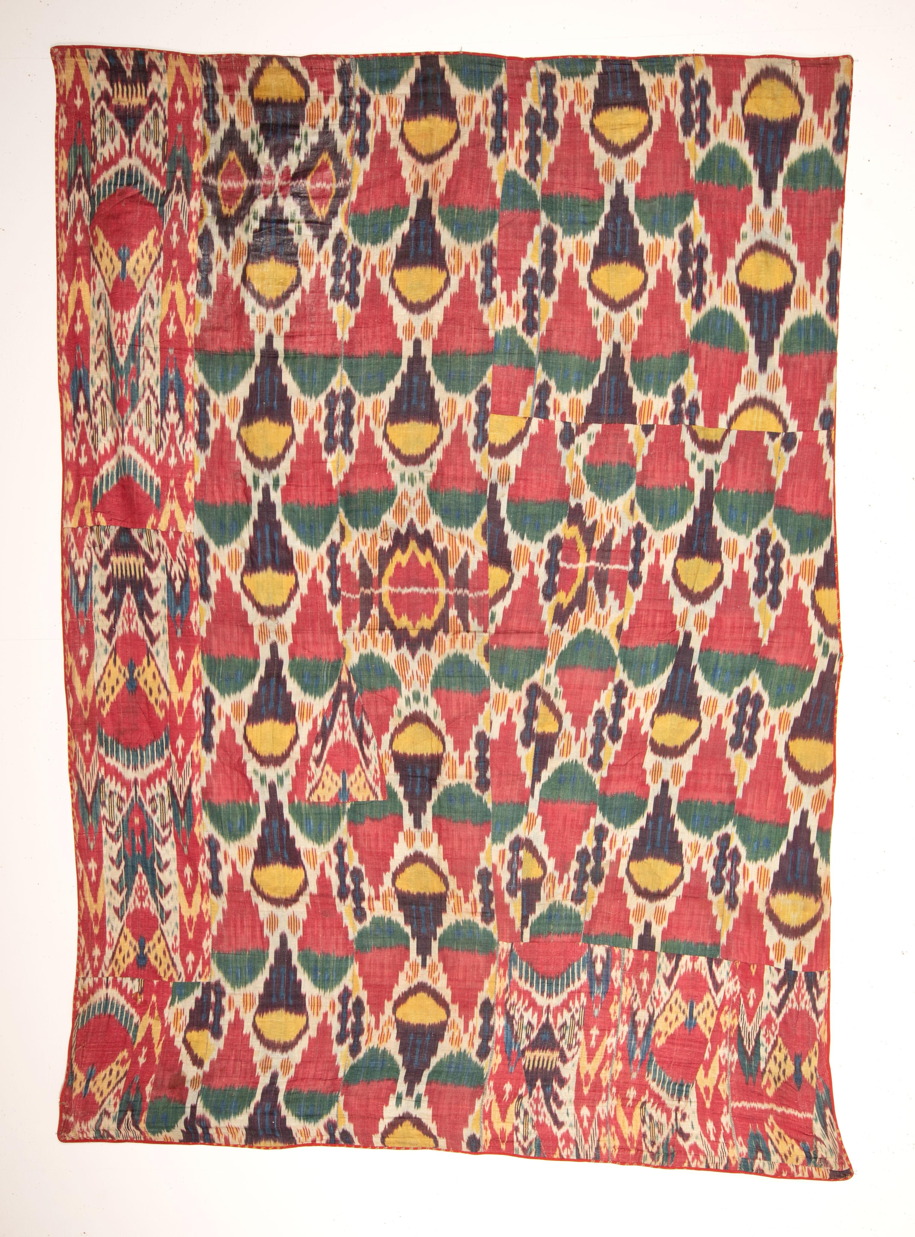 This seems to be a utilitarian ikat rather than a wall hanging since it is quilted from a few different ikat bits . All the Central Asian skates are warp faced and so is this, silk warp, cotton weft. It is mid 19th c. or earlier.