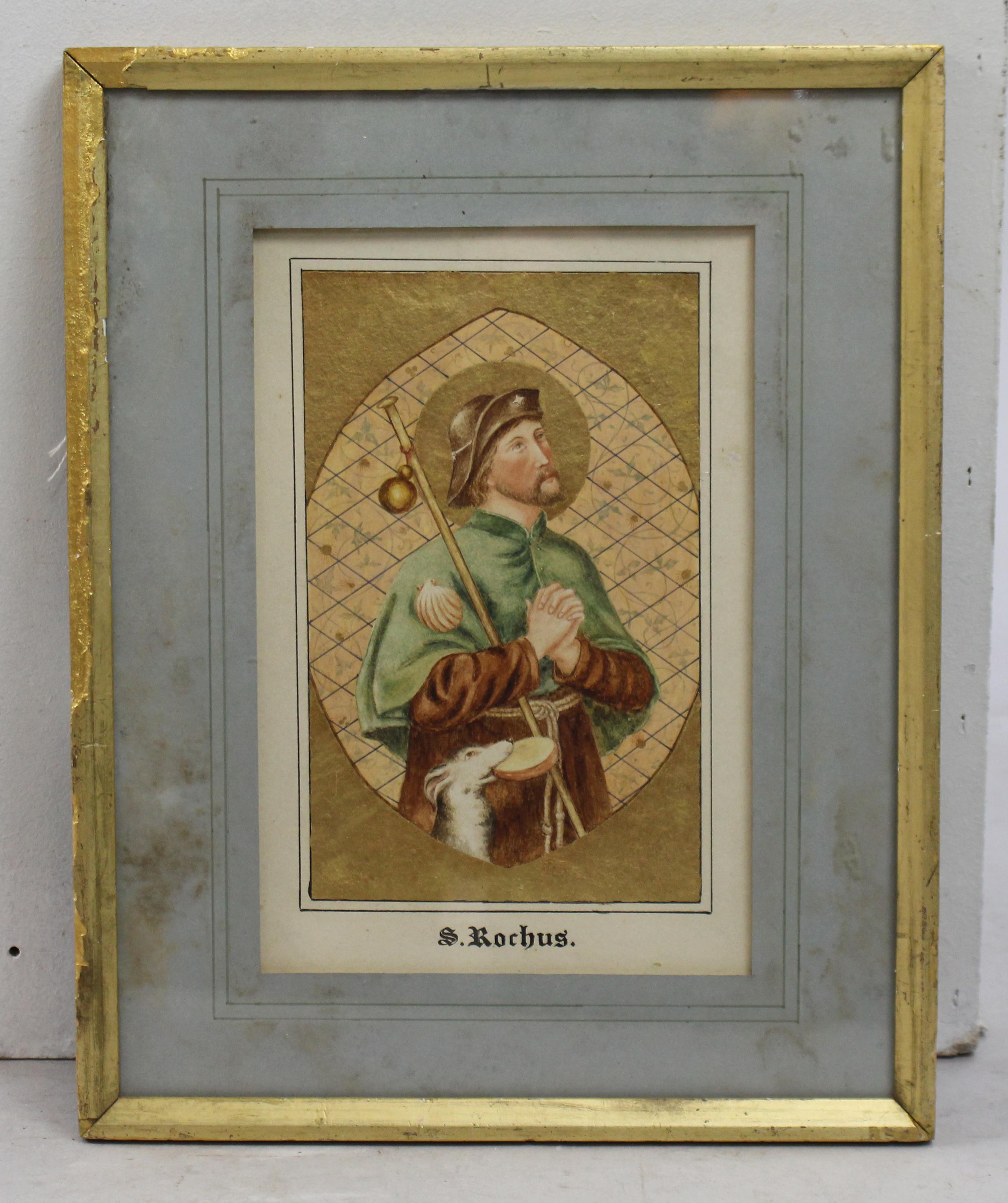 Antique Illuminated watercolour of Saint Rochus 


Period Victorian/Edwardian

Artist Unsigned

Medium Watercolour with applied gold leaf

Frame Mounted and set in thin gilt frame

Size 27.5 x 34.5 cm / 10 3/4 x 13 1/2 in

Condition