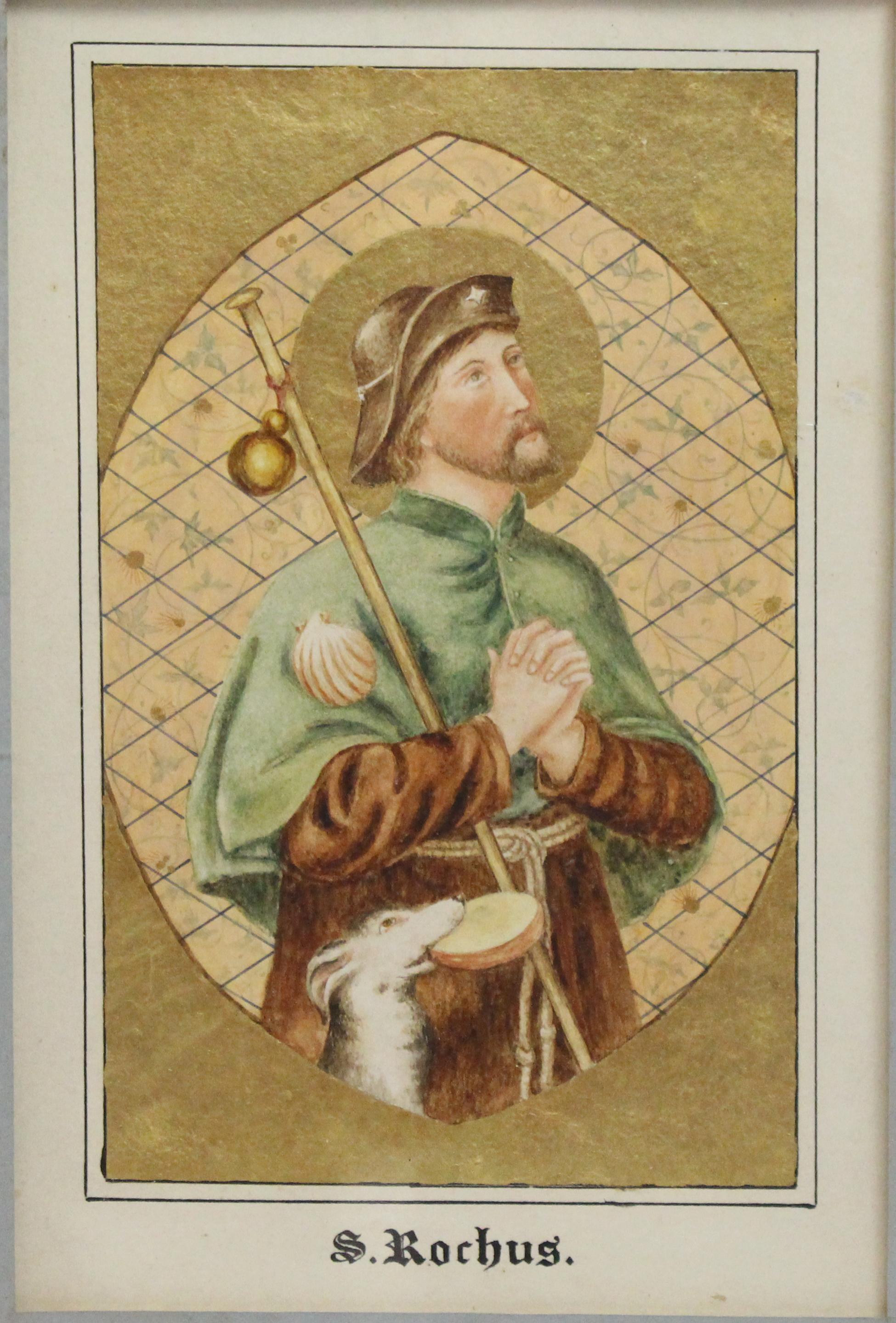 European Antique Illuminated Watercolour of Saint Rochus For Sale