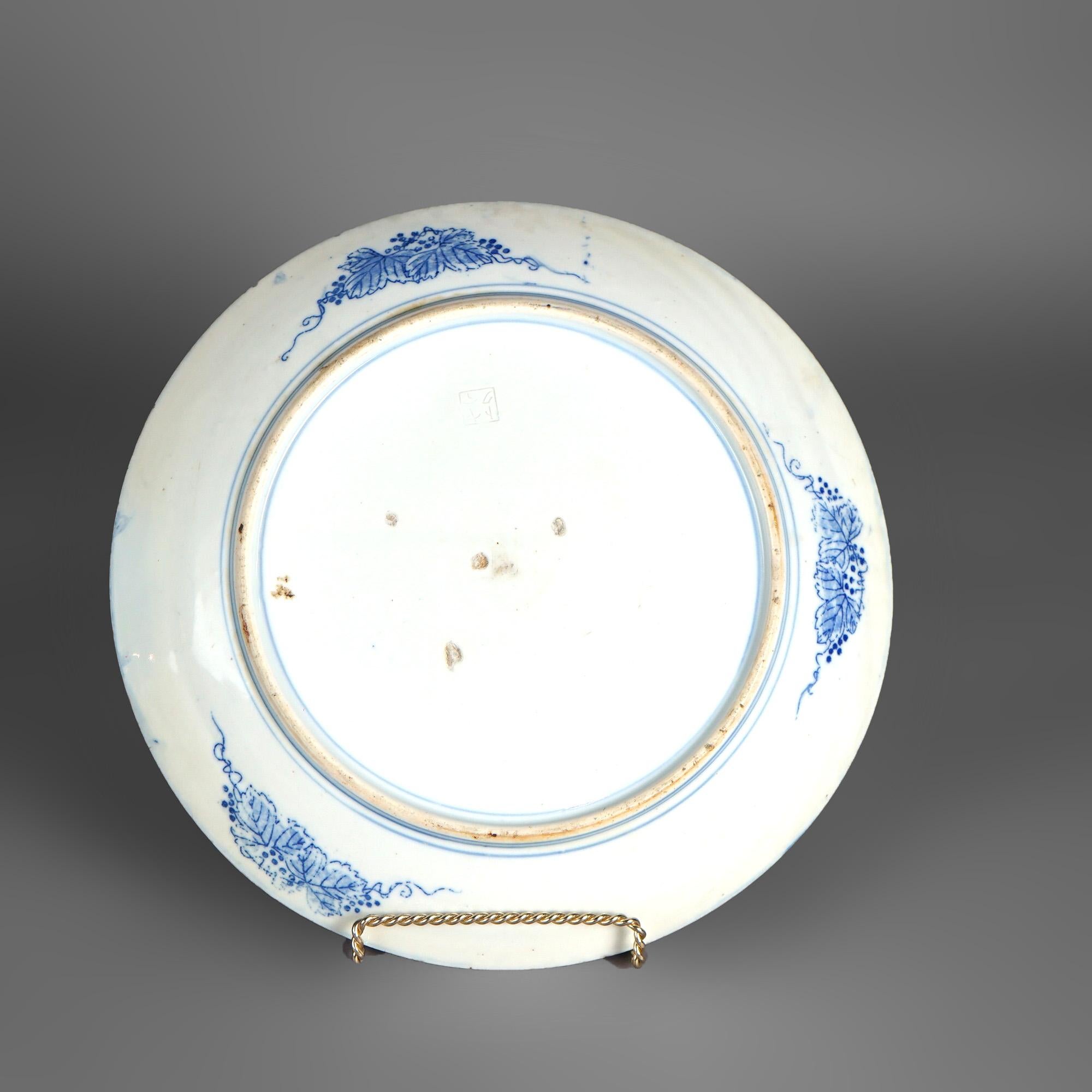Antique Imari Meiji Blue & White Porcelain Charger with Birds Circa 1910 For Sale 6