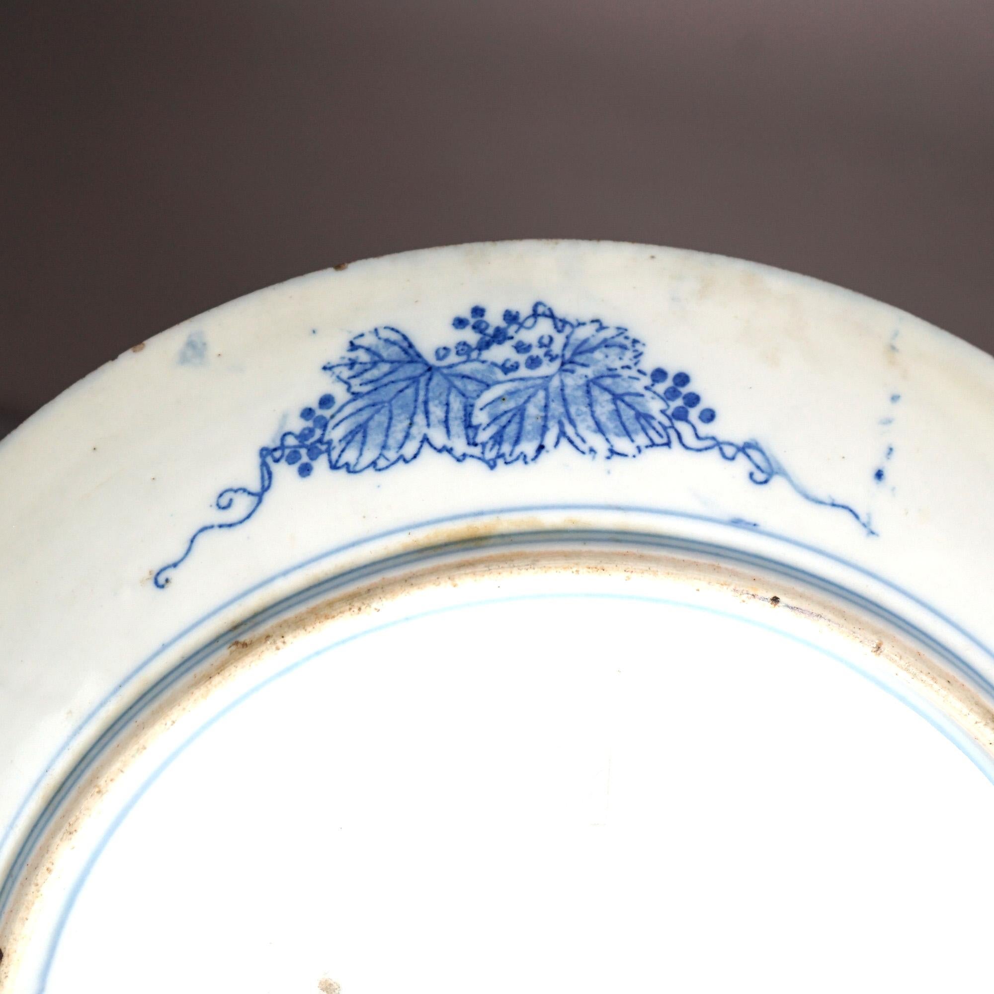 Antique Imari Meiji Blue & White Porcelain Charger with Birds Circa 1910 For Sale 9