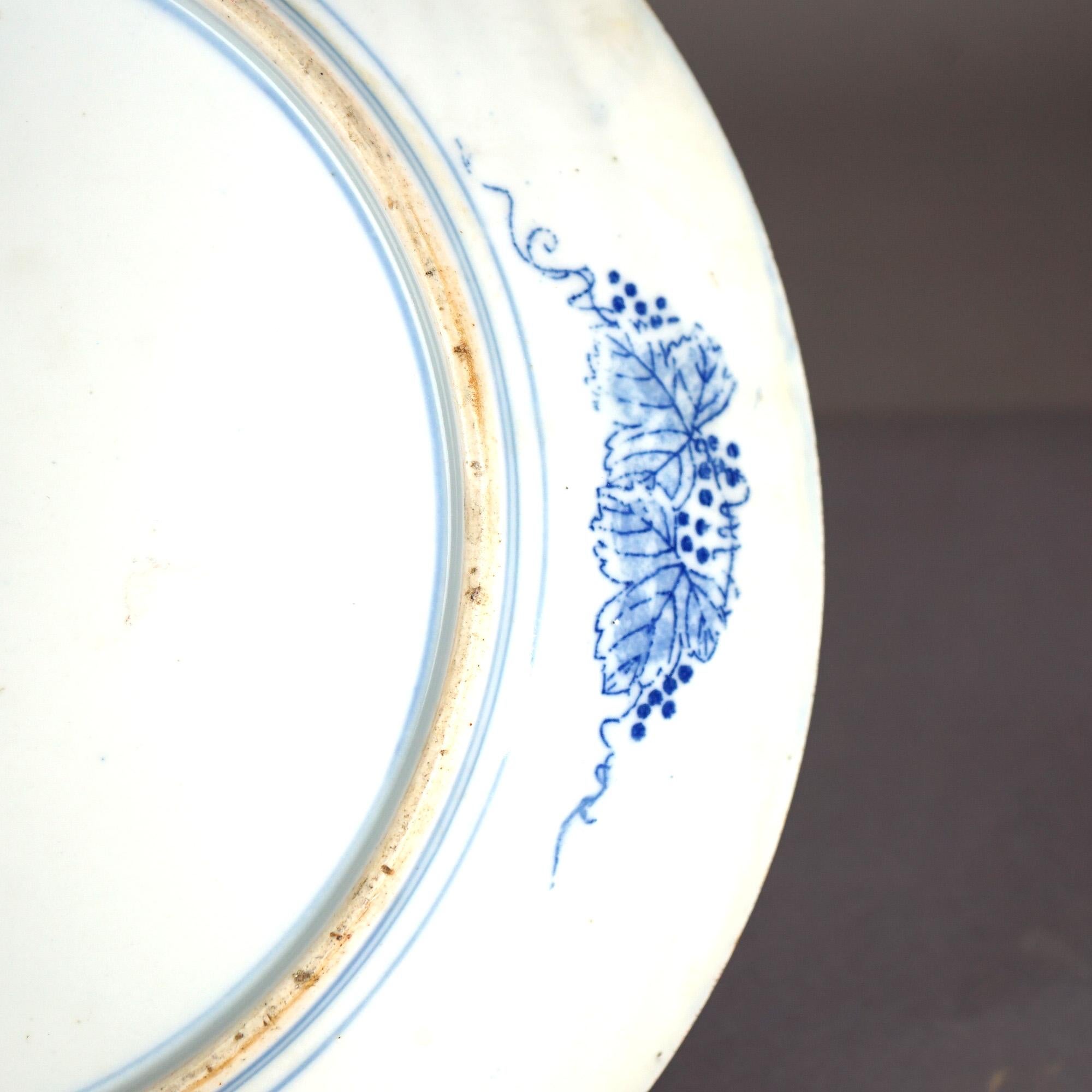 Antique Imari Meiji Blue & White Porcelain Charger with Birds Circa 1910 For Sale 10