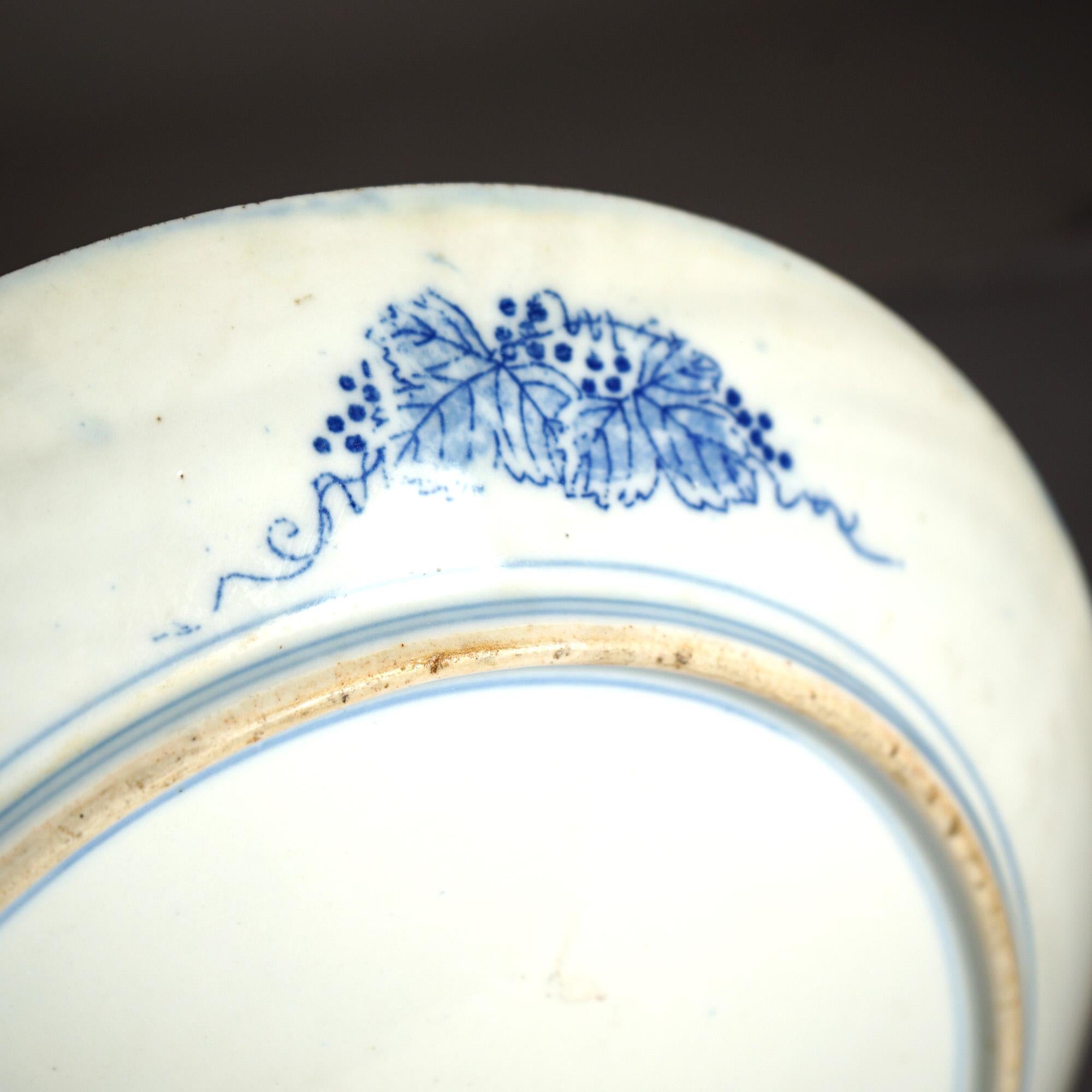 Antique Imari Meiji Blue & White Porcelain Charger with Birds Circa 1910 For Sale 12