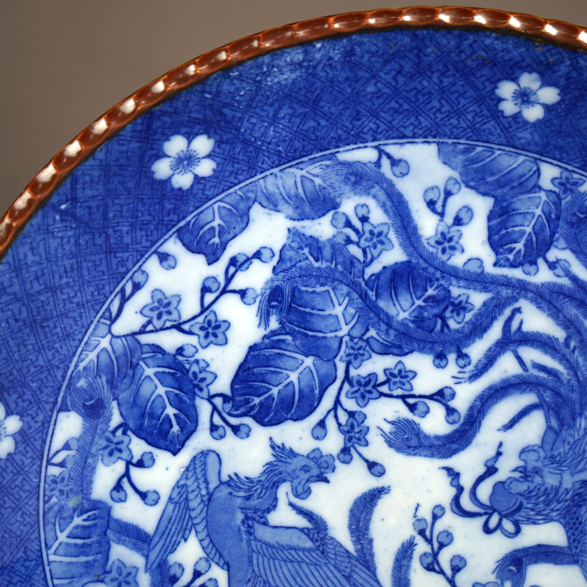 20th Century Antique Imari Meiji Blue & White Porcelain Charger with Birds Circa 1910 For Sale