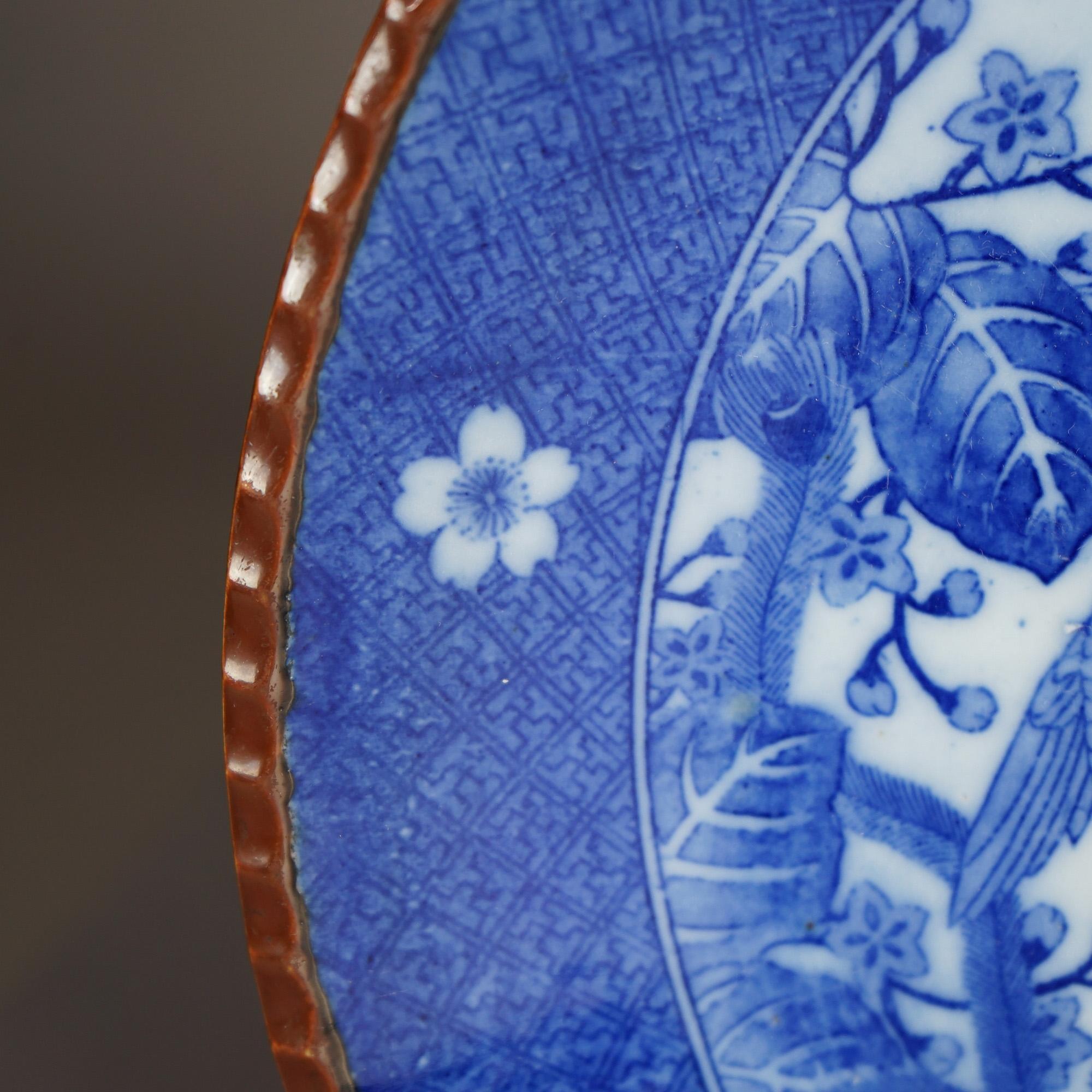 Antique Imari Meiji Blue & White Porcelain Charger with Birds Circa 1910 For Sale 5