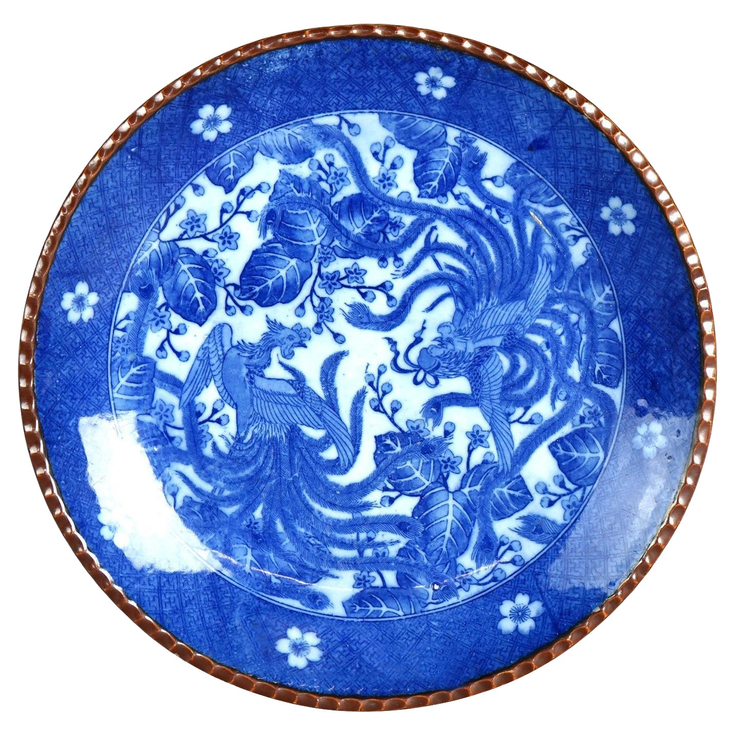 Antiguo Cargador de Porcelana Azul y Blanca Imari Meiji con Pájaros Circa 1910