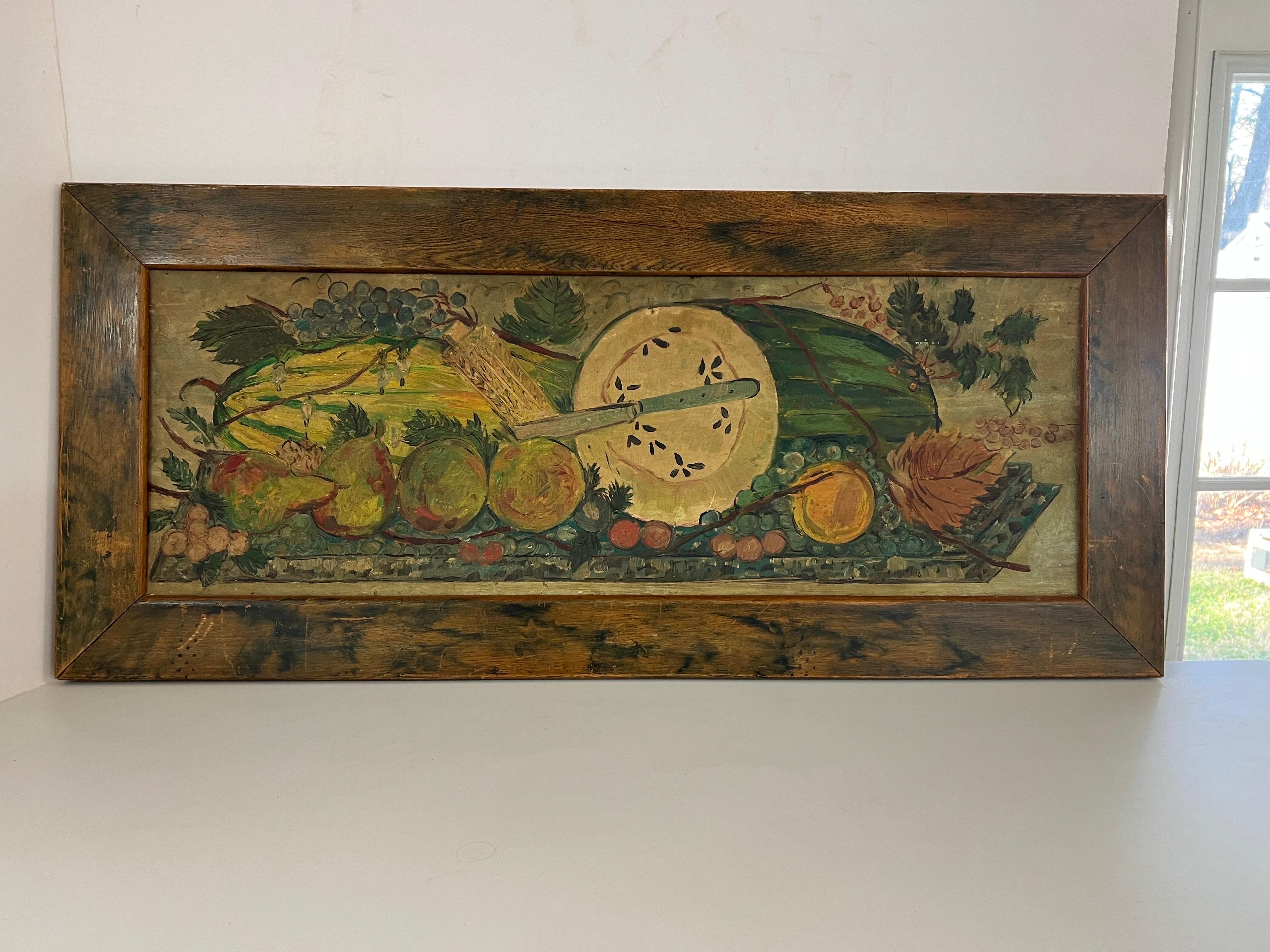 Antique Impasto Fruit Still Life on Board. Gorgeous hand painted wooden frame to match the coloring of this heavy impasto fruit still life. Perfect piece of original Fold Art for that country home to give the walls some color and some warmth.
