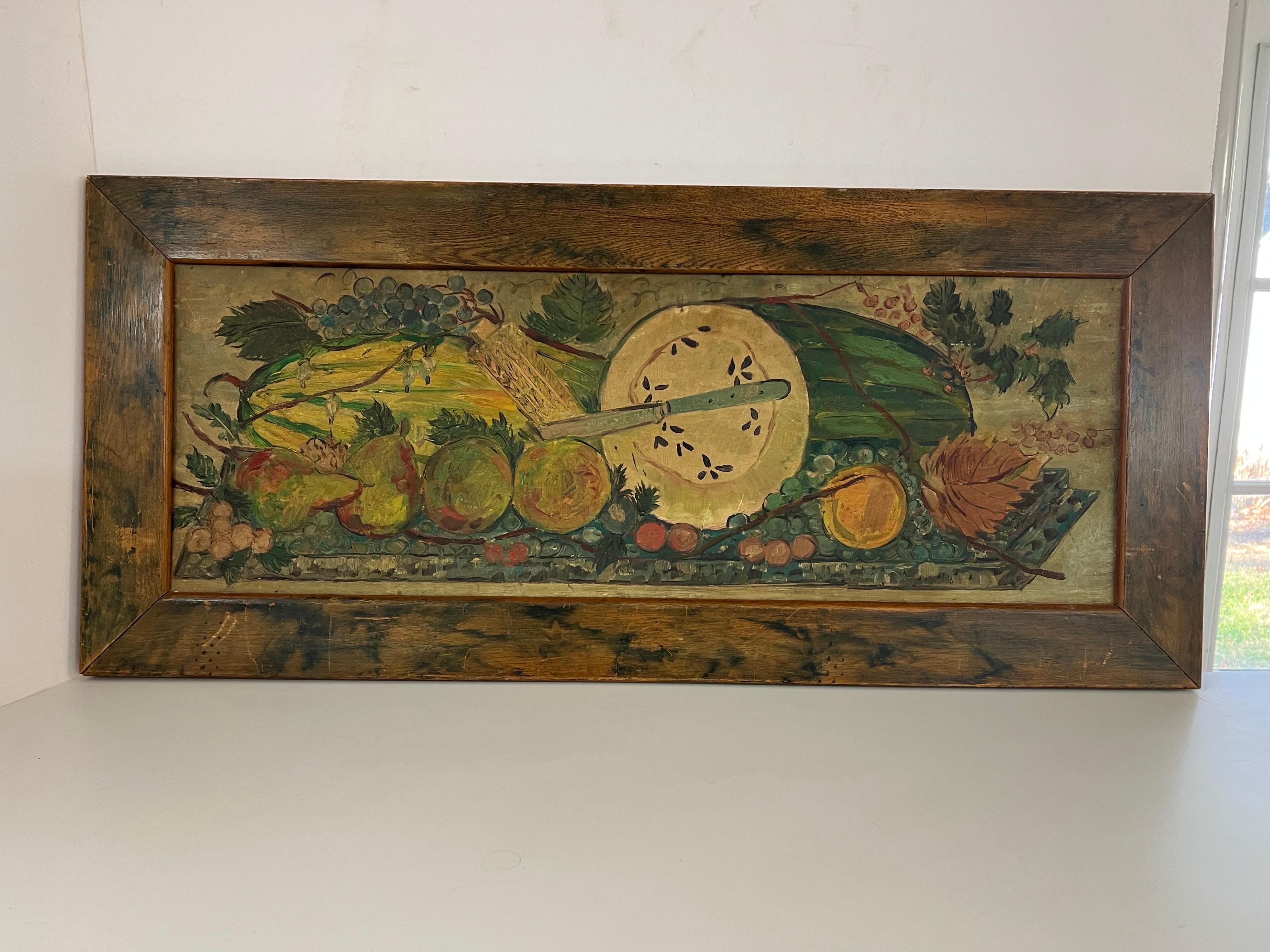 Country Antique Impasto Fruit Still Life on Board  For Sale