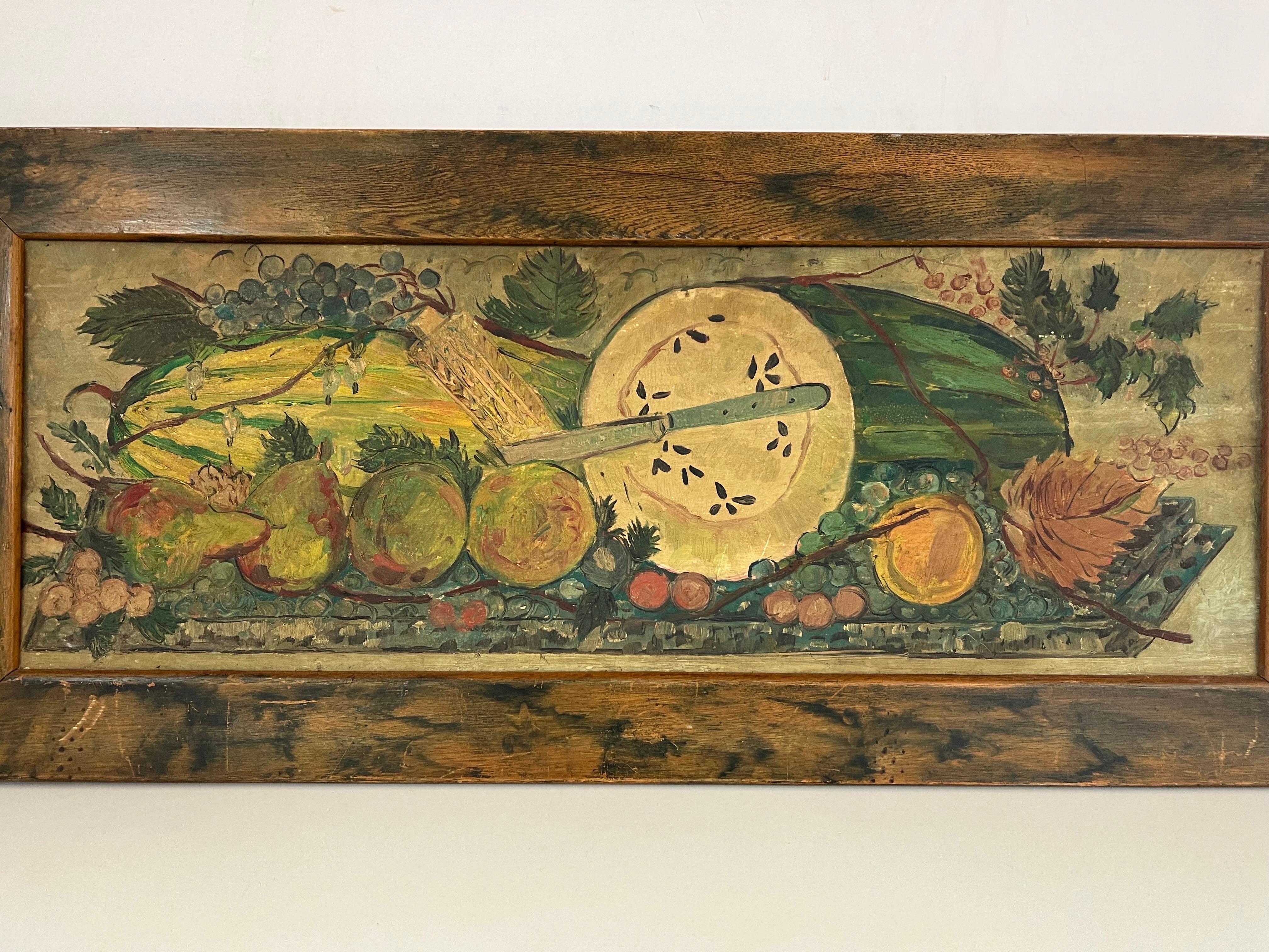 Wood Antique Impasto Fruit Still Life on Board  For Sale
