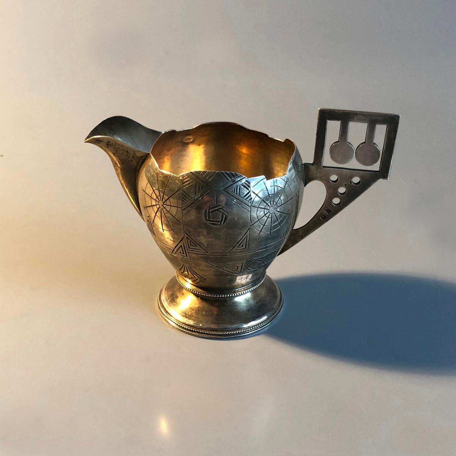 Art Nouveau Antique Imperial 84 Silver Engraved Creamer by Antip Kuzmichev, Russia, 1900s For Sale