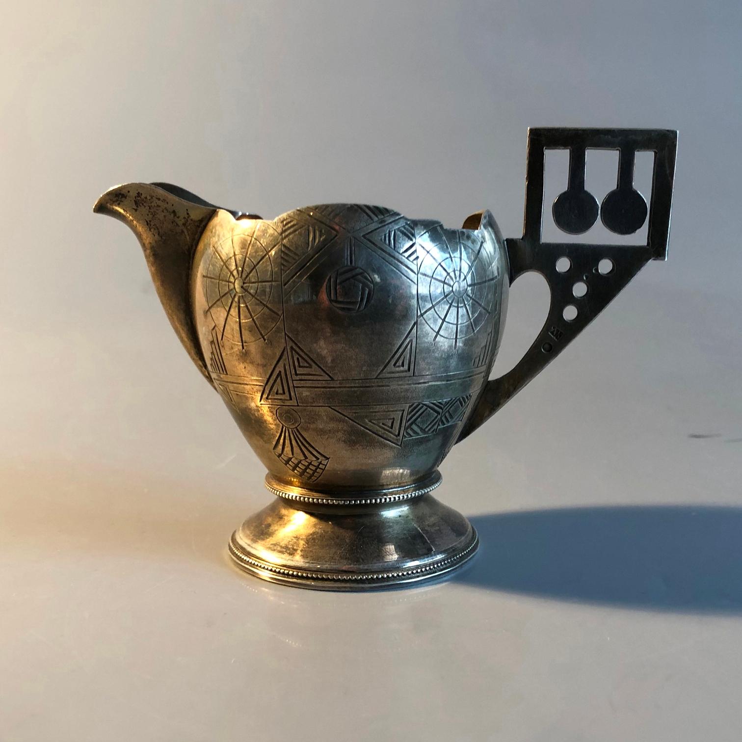 Hand-Crafted Antique Imperial 84 Silver Engraved Creamer by Antip Kuzmichev, Russia, 1900s For Sale