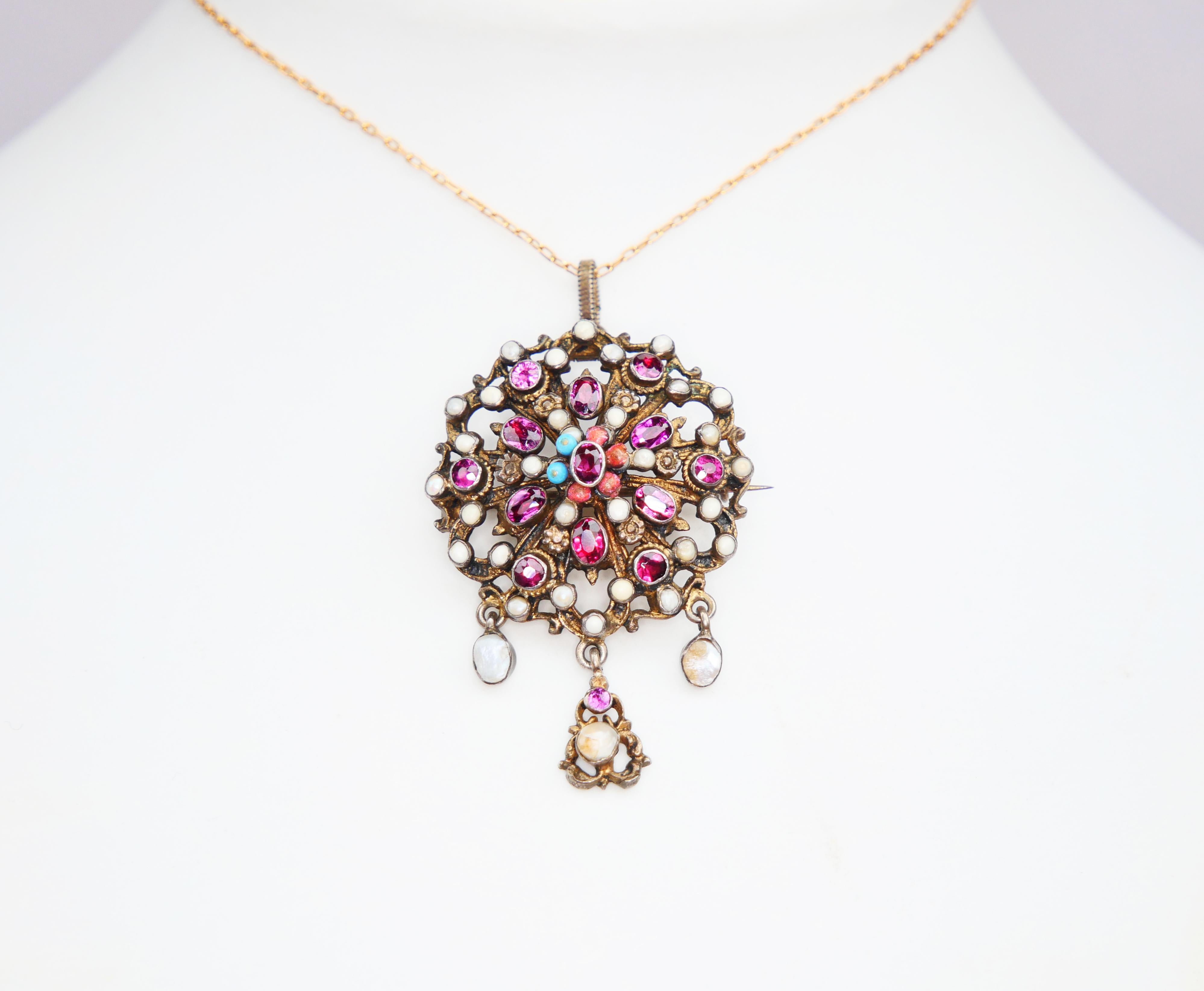 Art nouveau Broche pendentif autrichienne impériale ancienne perles rhodolite émaillée argent 10,5 g en vente