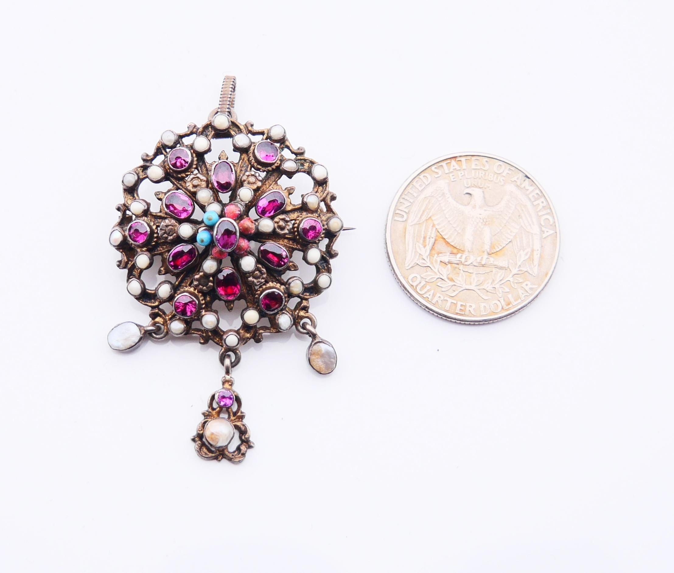 Antique Imperial Austrian Pendant Brooch Rhodolite Pearls Enamels Silver/ 10.5gr For Sale 4
