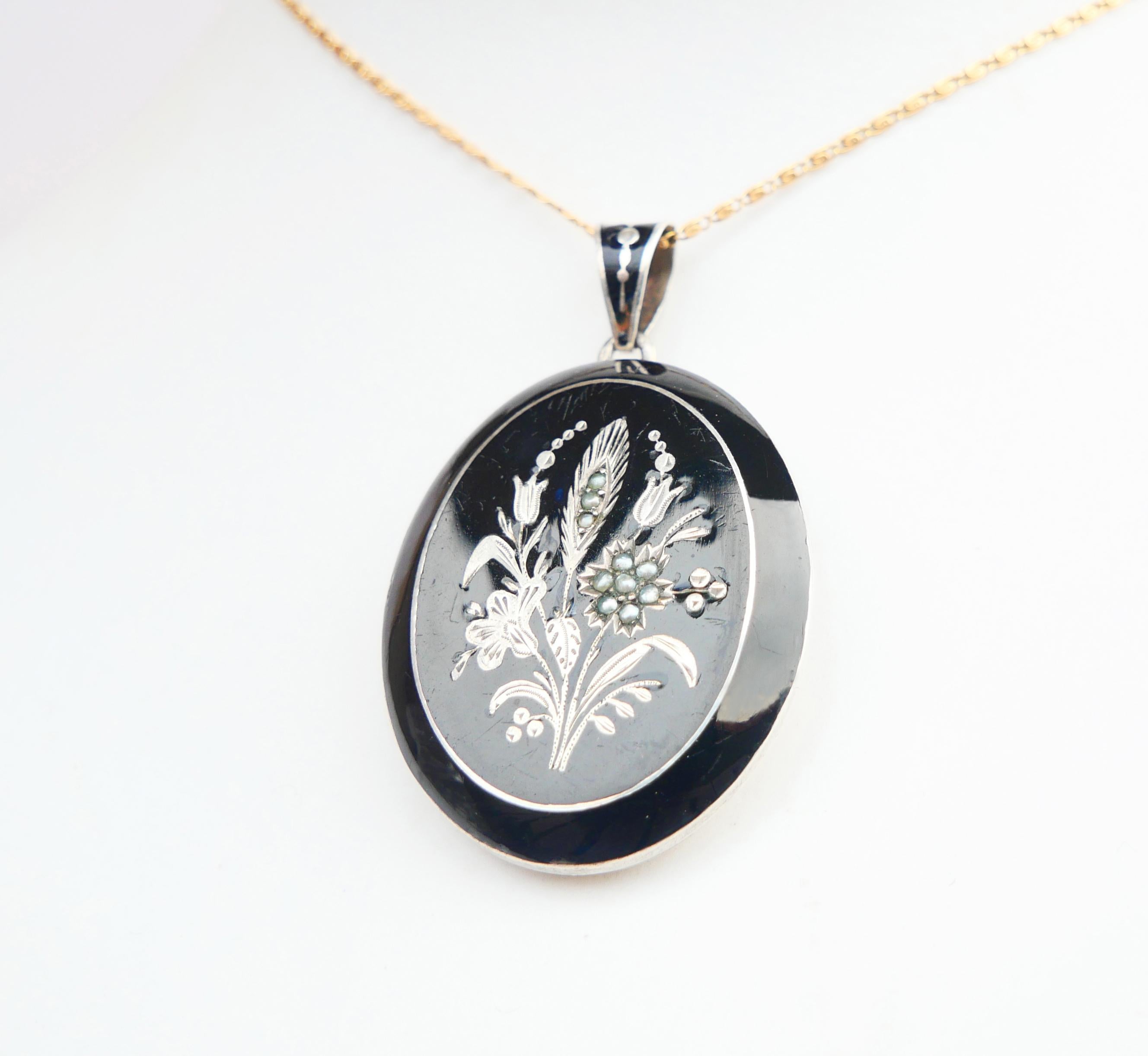 Women's or Men's Antique Imperial Austrian Pendant Locket Black Enamel Pearls solid Silver /15 gr For Sale