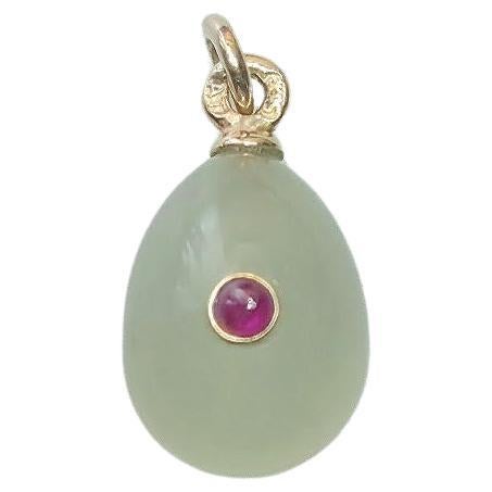 Antique Imperial Bowenite Ruby Gold Egg Pendant by Alfred Thielemann