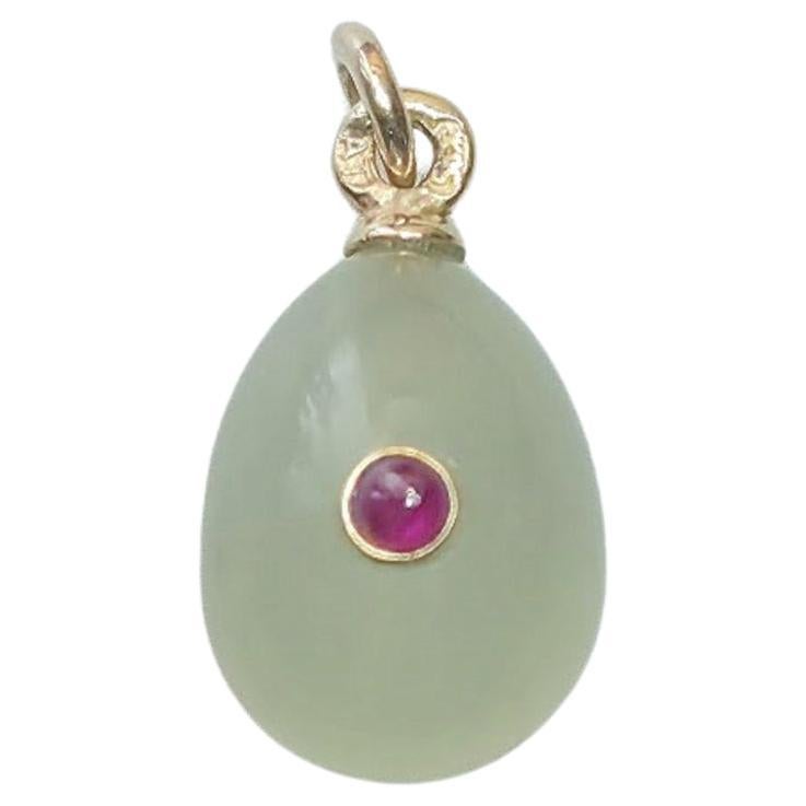 Antique Imperial Bowenite Ruby Gold Egg Pendant by Alfred Thielemann