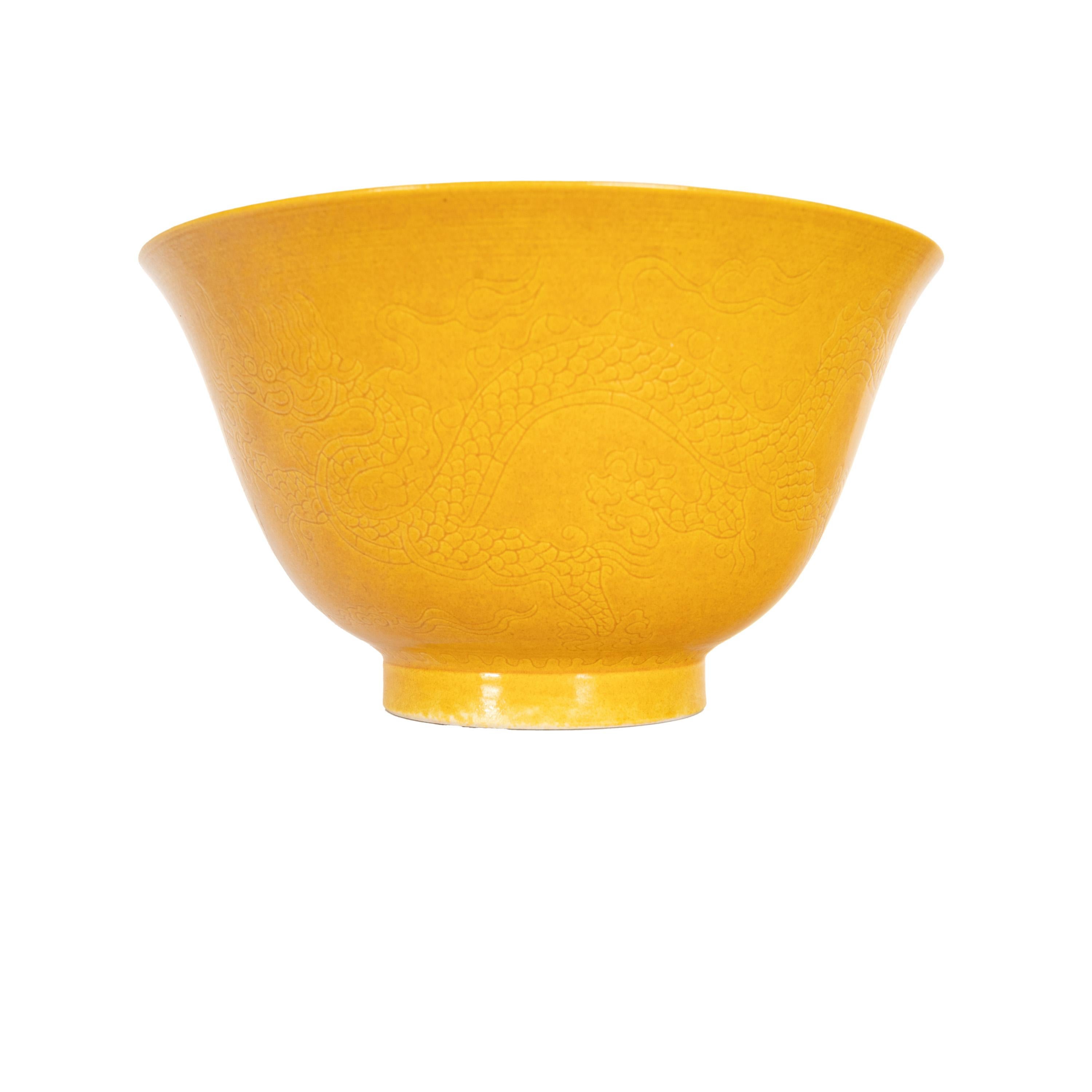 Late 19th Century Antique Imperial Chinese Guangxu Yellow Glazed Incised Porcelain Dragon Bowl For Sale