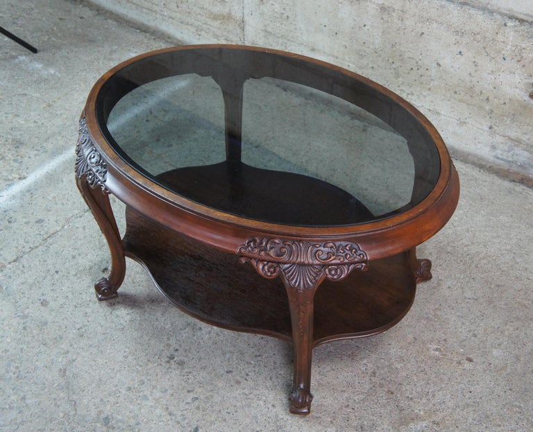 Antique Imperial Furniture Mahogany Glass Two Tier Oval Coffee Side