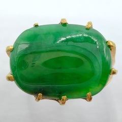 Certified Green Cabochon Genuine Burmese Jadeite Jade 24K Yellow Gold Pinky Ring