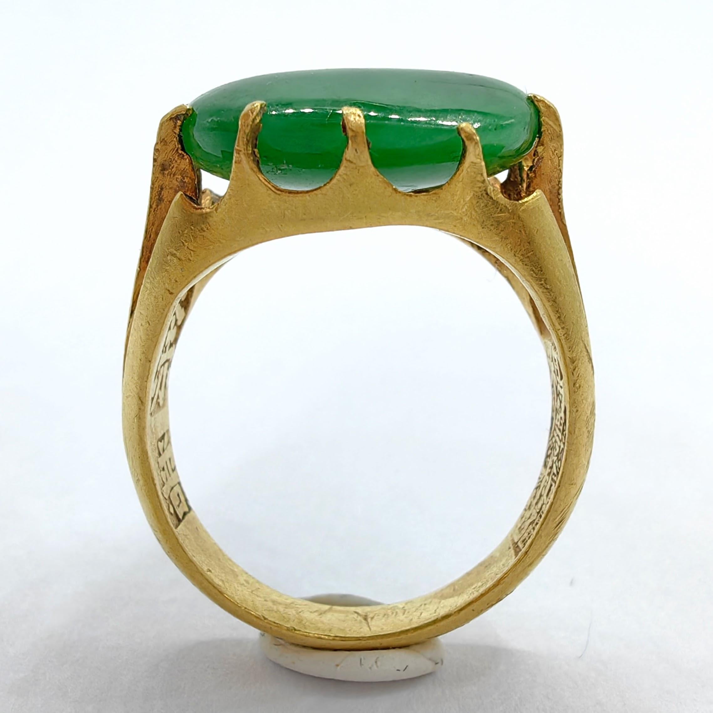 Artist Antique Imperial Green Cabochon Jadeite Jade 24K Yellow Gold Pinky Finger Ring For Sale