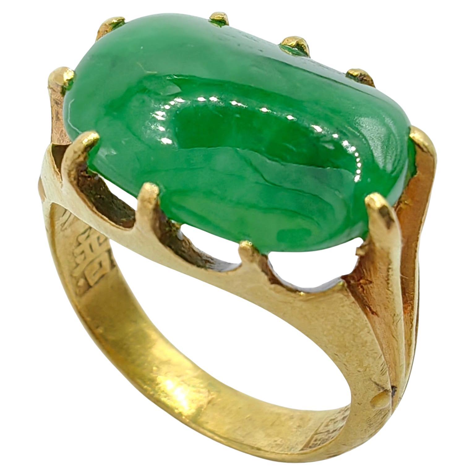 Antique Imperial Green Cabochon Jadeite Jade 24K Yellow Gold Pinky Finger Ring For Sale