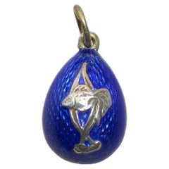Antique Imperial Guilloche Blue Enamel Egg Pendant Fish, by Alfred Thielemann
