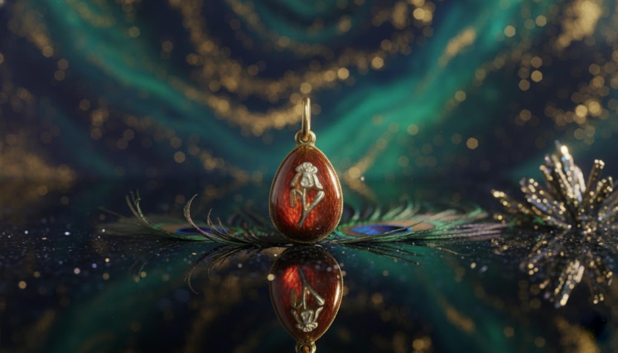 Siamo lieti di presentare un altro articolo unico della nostra collezione: un elegante ciondolo a forma di uovo in miniatura ornato di smalto guilloché risalente all'epoca dell'Impero Russo. Questo squisito pezzo è stato realizzato a San Pietroburgo