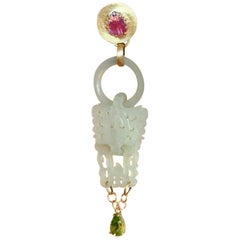 Antique Imperial Jade Rose 18 Karat Rose Gold Tourmaline Peridot Drop