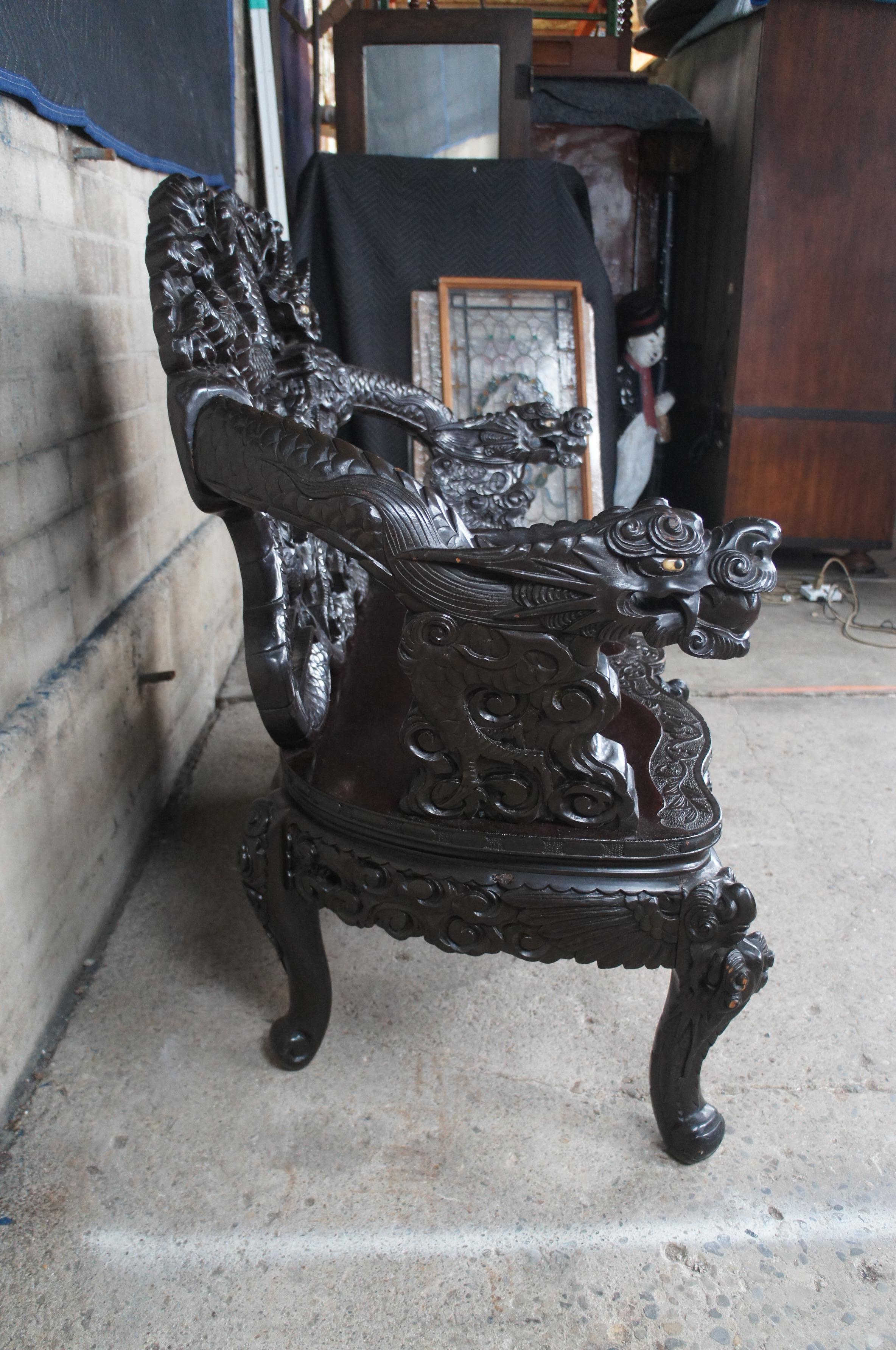 Antique Imperial Meiji Japanese Ebonized High Relief Carved Dragon Bench For Sale 4