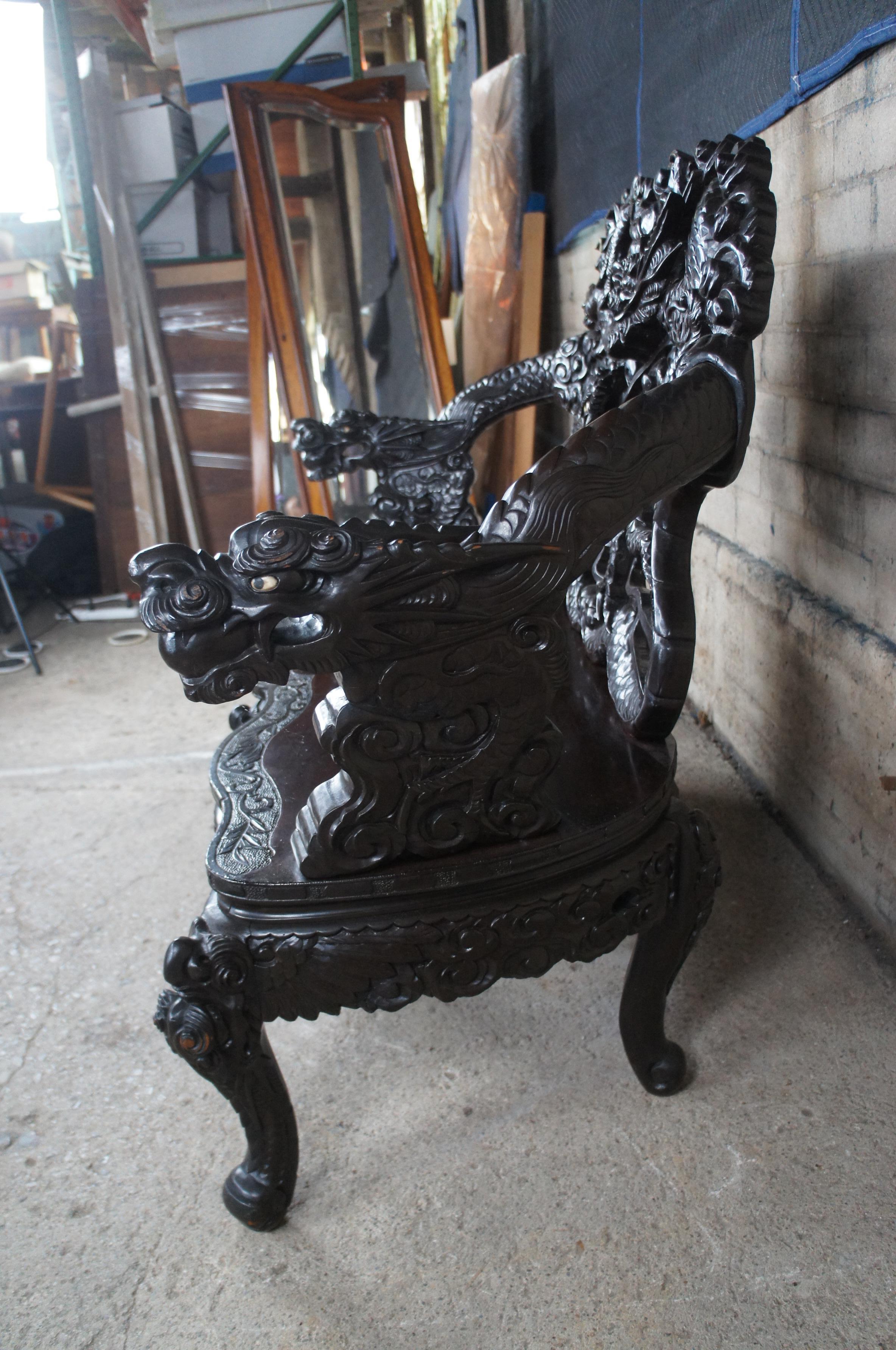 Antique Imperial Meiji Japanese Ebonized High Relief Carved Dragon Bench For Sale 5