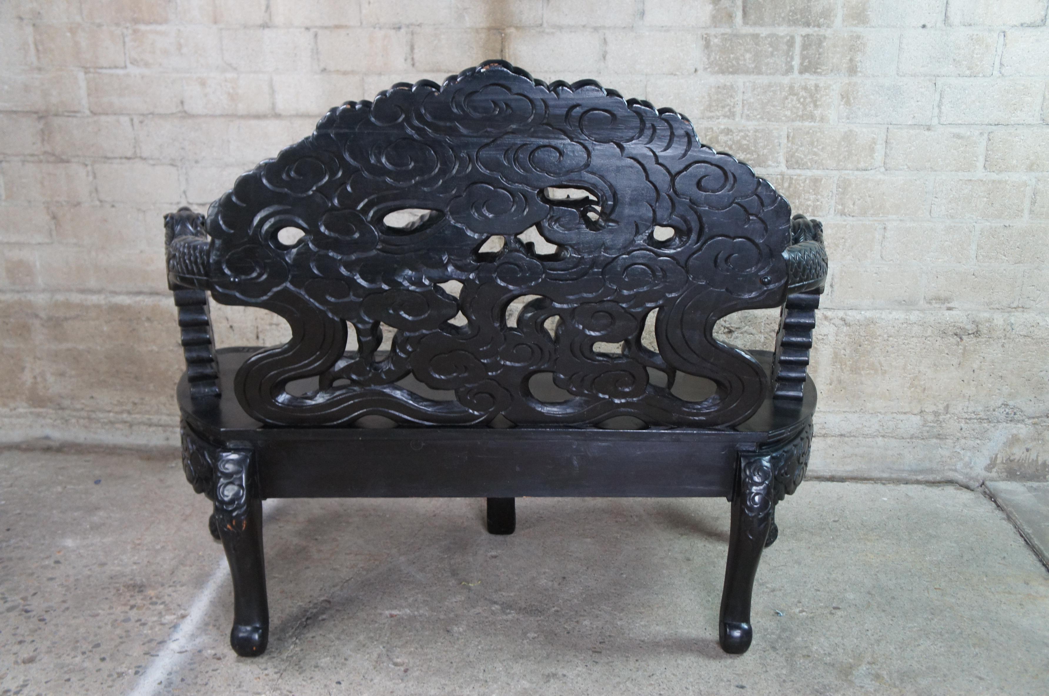 Antique Imperial Meiji Japanese Ebonized High Relief Carved Dragon Bench 6