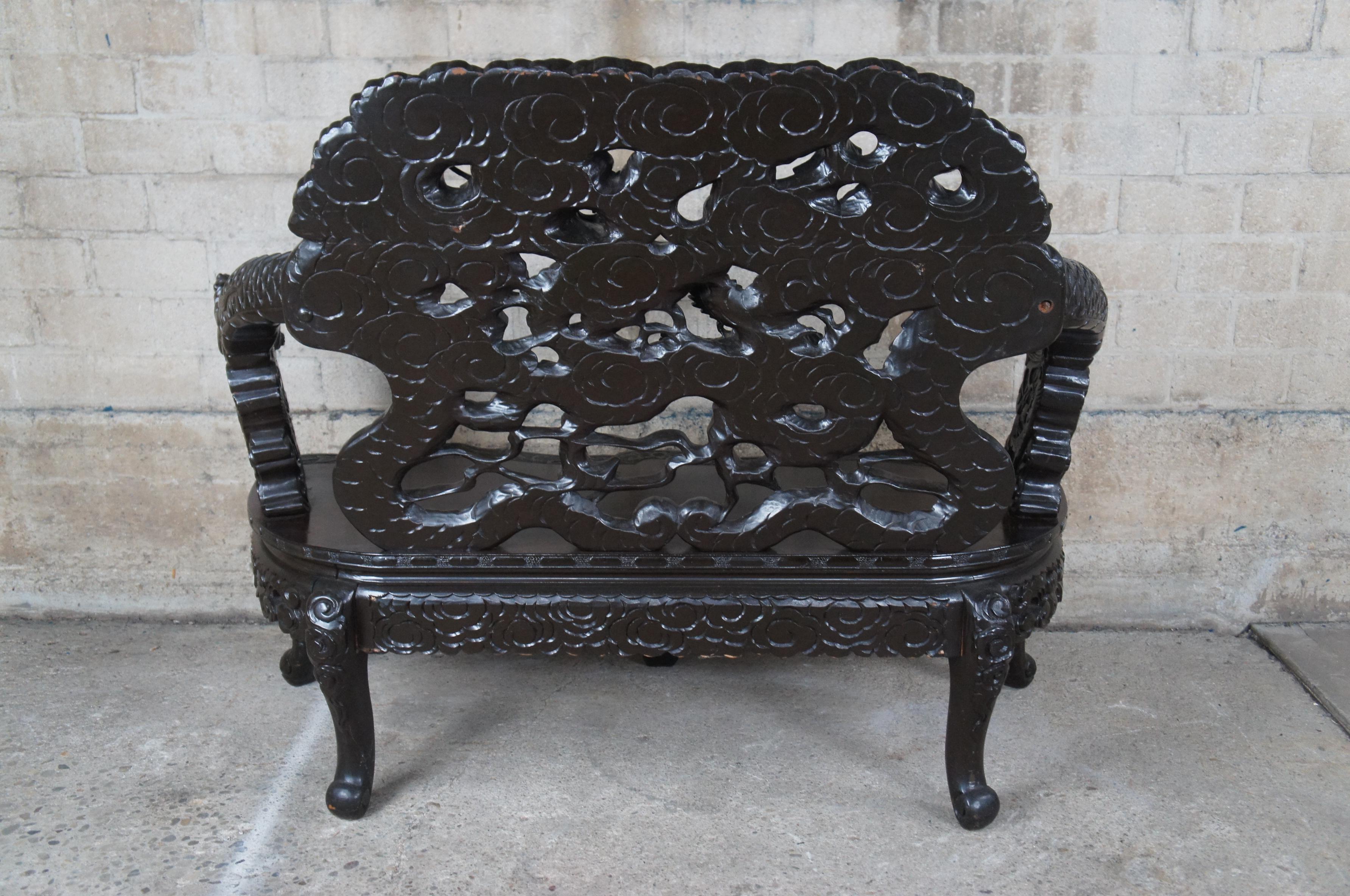 Antique Imperial Meiji Japanese Ebonized High Relief Carved Dragon Bench For Sale 6