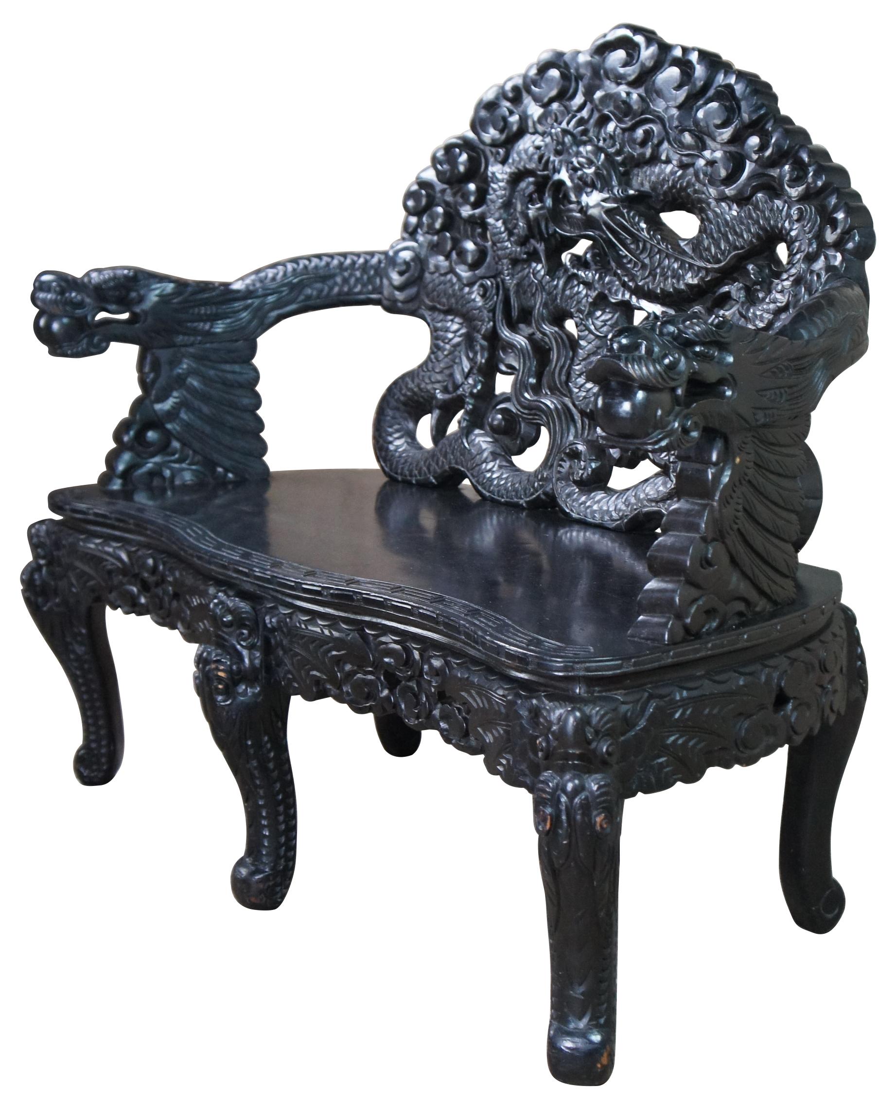 A fine and impressive Imperial Japanese Meiji Period Dragon bench. Features high relief carving throughout. The arched and pierced back consists of 3 dragons. In the center is a large and intricate snarling three toed dragon. The other two wind