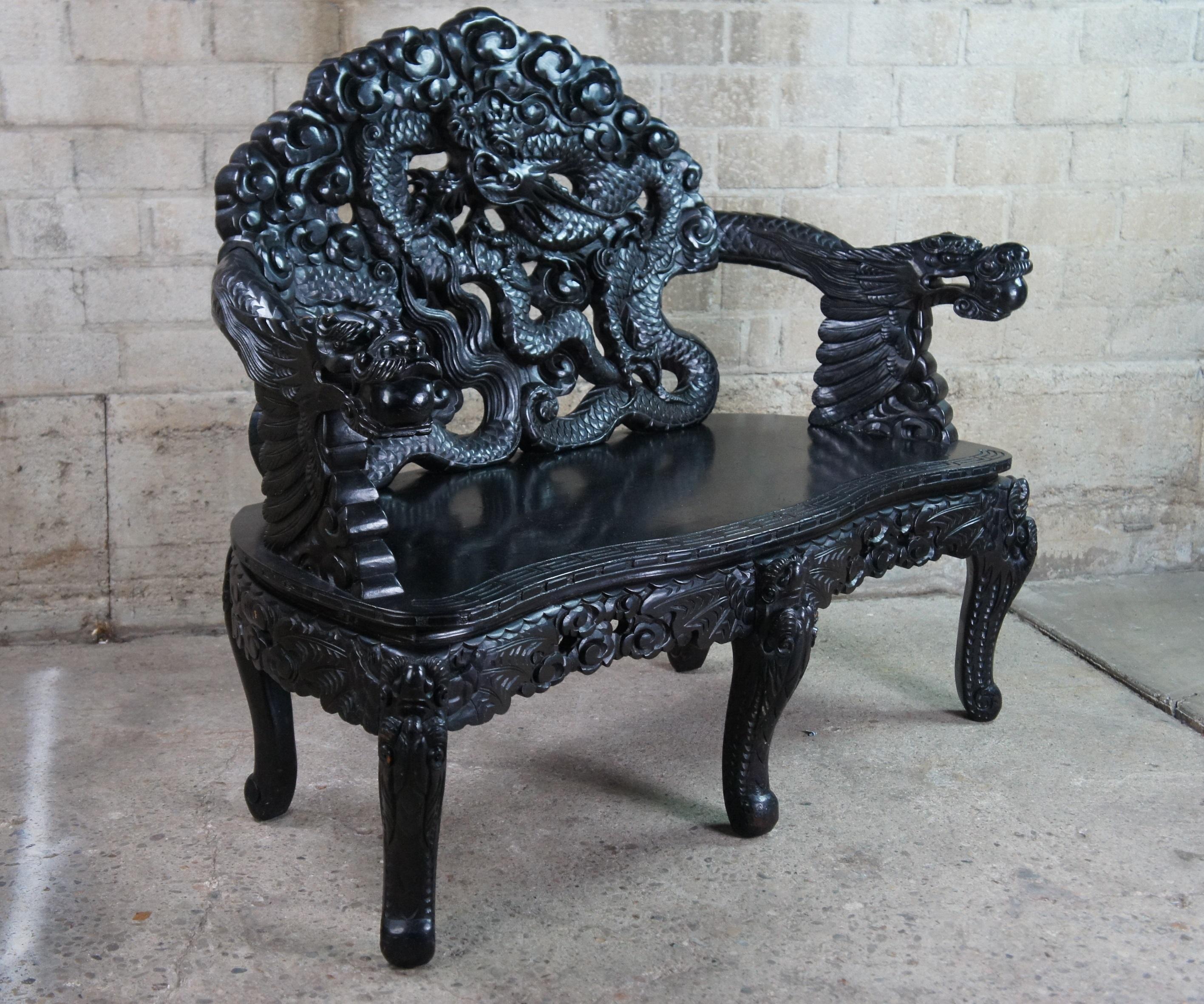 Antique Imperial Meiji Japanese Ebonized High Relief Carved Dragon Bench In Good Condition In Dayton, OH